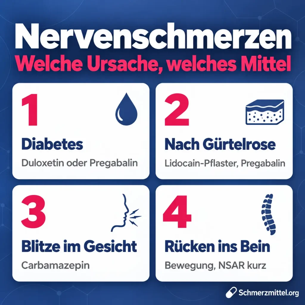 Nervenschmerzen nach Ursache, Diabetes Duloxetin oder Pregabalin, nach Gürtelrose Lidocain-Pflaster und Pregabalin, Blitze im Gesicht Carbamazepin, Schmerz vom Rücken ins Bein Bewegung und NSAR kurz