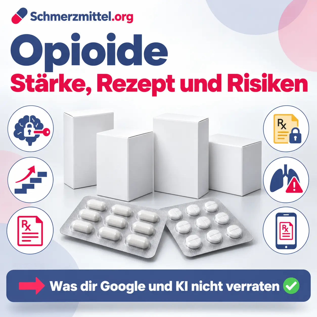 Opioide Schmerzmittel mit Packungen von Tramal long, Valoron N retard, Talvosilen forte und Targin sowie Icons für Opioid-Rezeptoren, Stufenschema, normales Rezept, Betäubungsmittelrezept, Atemdämpfung und Online Rezept
