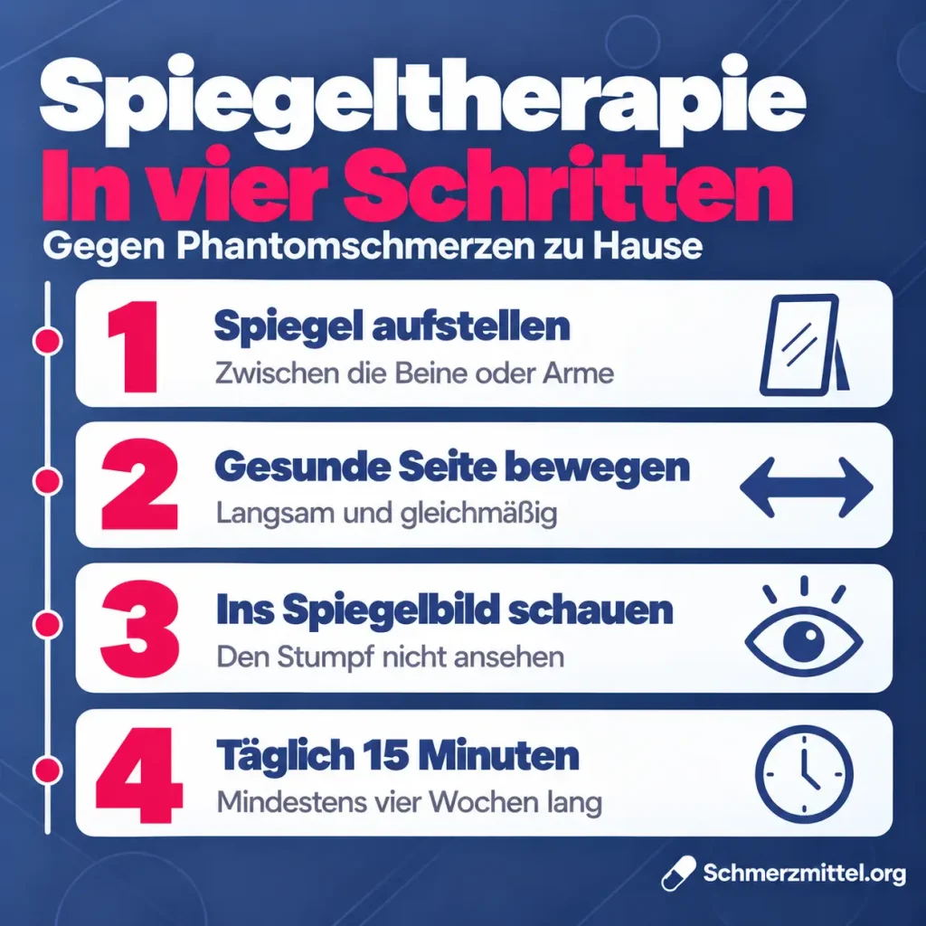 Phantomschmerzen Spiegeltherapie in vier Schritten, Spiegel zwischen Beine oder Arme stellen, gesunde Seite langsam bewegen, nur ins Spiegelbild schauen, täglich 15 Minuten über mindestens vier Wochen