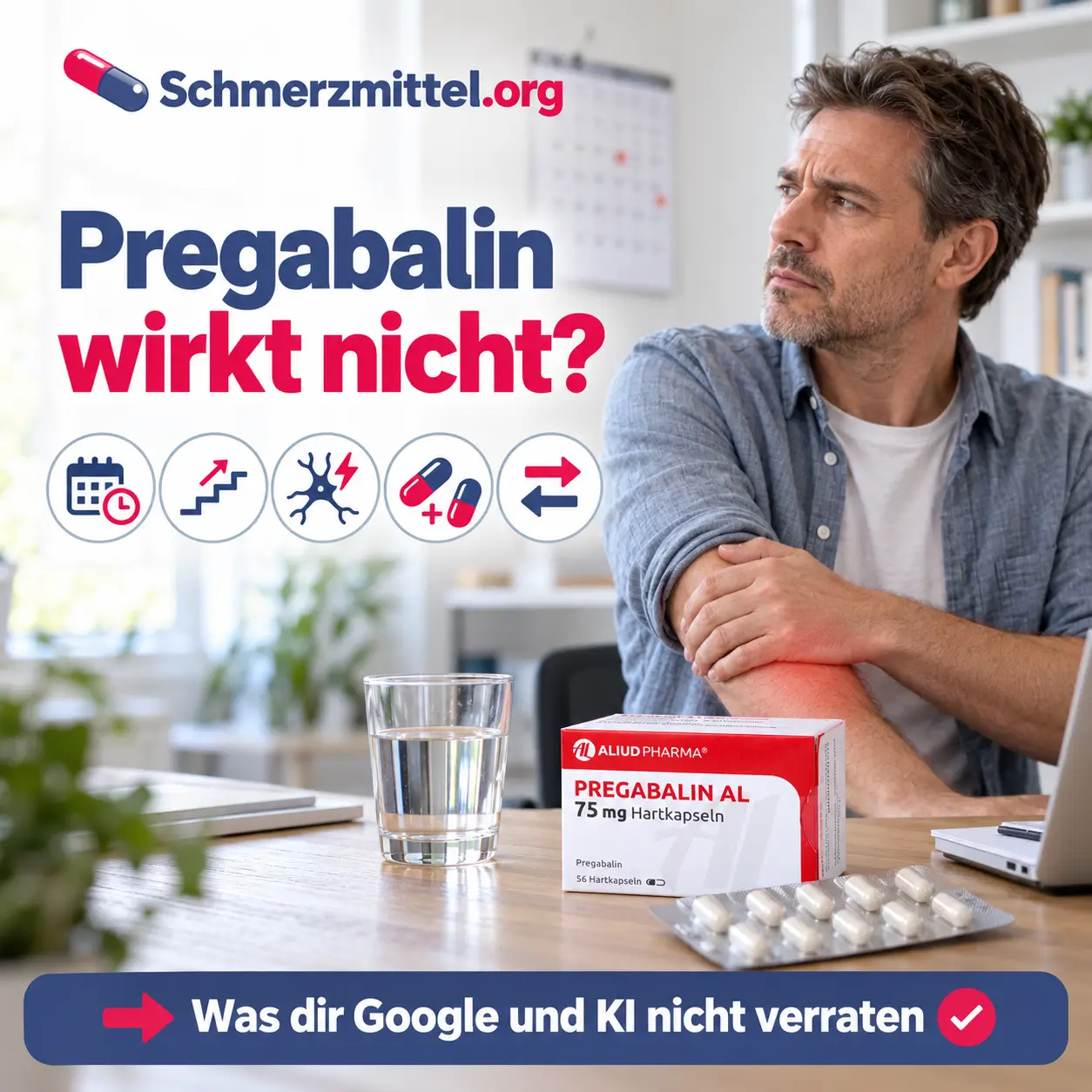 Pregabalin wirkt nicht, Mann mit Nervenschmerzen im Unterarm steht am Schreibtisch und blickt auf den Kalender, daneben Pregabalin-Packung und Wasserglas