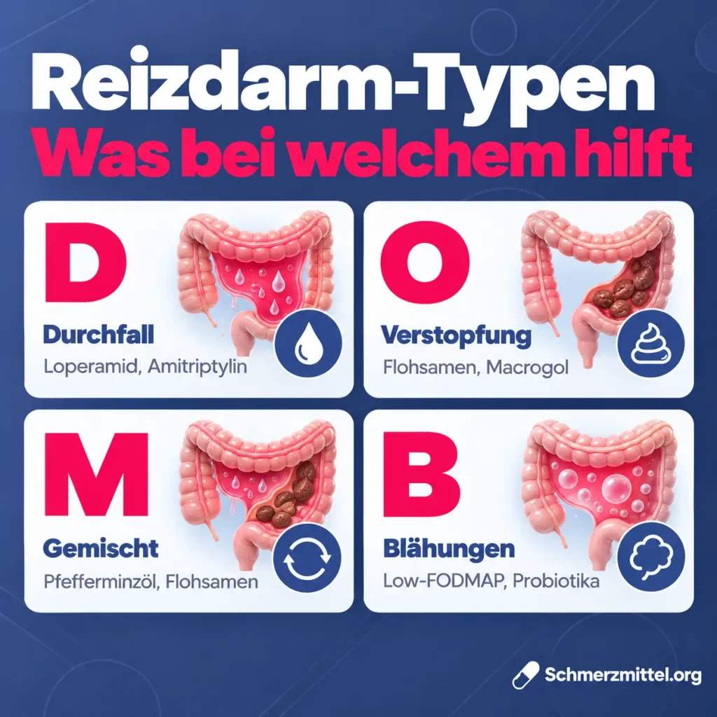 Reizdarm-Typen, Durchfall mit Loperamid und Amitriptylin, Verstopfung mit Flohsamen und Macrogol, gemischt mit Pfefferminzöl und Flohsamen, Blähungen mit Low-FODMAP und Probiotika