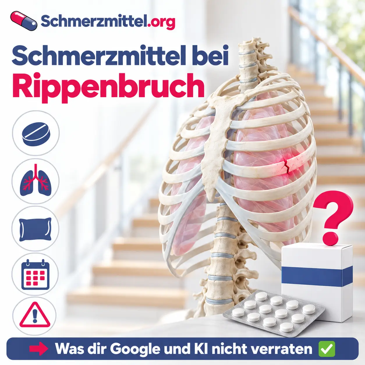 Schmerzmittel bei Rippenbruch, 3D-Modell des Brustkorbs mit rot leuchtendem Bruchspalt an einer seitlichen Rippe vor einem Treppenhaus, davor eine neutrale Medikamentenpackung mit großem pinkem Fragezeichen, Icons zu Tablette, Lunge, Kissen, Heilungsdauer und Atemnot