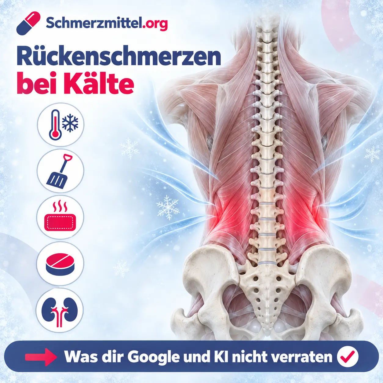 Rückenschmerzen bei Kälte, anatomisches Modell von Lendenwirbelsäule, Becken und Rückenmuskulatur mit rot markierter Verspannung im unteren Rücken und Kälte-Linien, daneben eine Medikamentenpackung und Icons zu Kälte, Schneeschippen, Wärmepflaster, Tablette und Niere