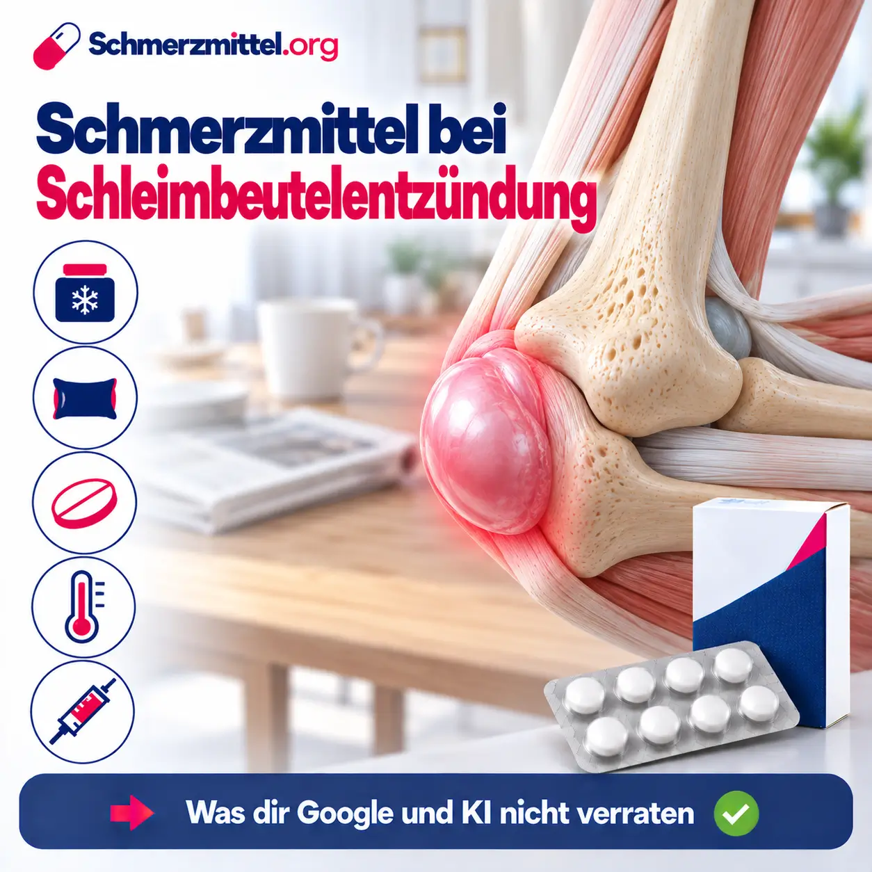 Schmerzmittel bei Schleimbeutelentzündung nach Schmerzstärke, bei 1 bis 3 Polster, Kühlen und Schmerzgel, bei 4 bis 6 Ibuprofen für ein bis zwei Wochen, bei 7 bis 8 an der Hüfte eine Kortisonspritze mit anschließenden Übungen und bei 9 bis 10 nach einer Schleimbeutel-OP Tramadol für zwei bis drei Nächte