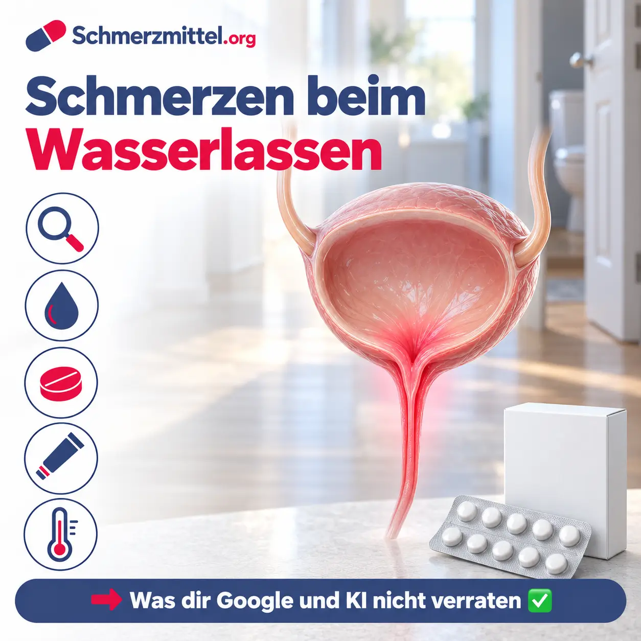 Schmerzen beim Wasserlassen, 3D-Modell von Harnblase und Harnröhre mit rot leuchtendem Blasenausgang vor einem hellen Flur, davor eine Medikamentenpackung, Icons zu Ursache, Trinken, Tablette, Salbe und Fieber
