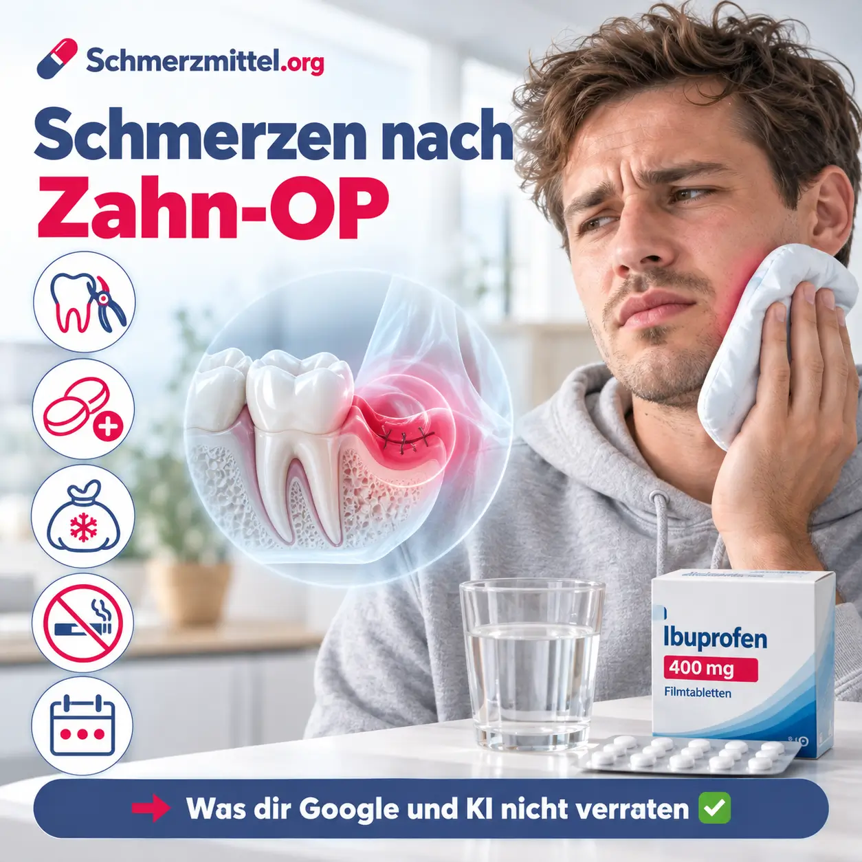 Schmerzen nach Zahn-OP, junger Mann kühlt seine geschwollene Wange mit einem Kühlpack, daneben eingeblendet ein Unterkiefer mit leuchtender Wunde nach Weisheitszahn-Entfernung und eine Medikamentenpackung, Icons zu Zahn ziehen, Kombination, Kühlen, Rauchverzicht und Heilverlauf