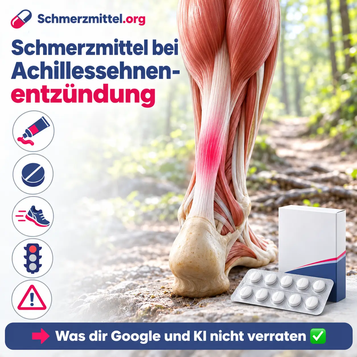 Schmerzmittel bei Achillessehnenentzündung, anatomisches Modell von Unterschenkel und Ferse mit rot leuchtendem, verdicktem Mittelteil der Achillessehne vor einem Trailrunning-Pfad, davor eine Medikamentenpackung, Icons zu Schmerzgel, Tablette, Laufschuh, Schmerz-Ampel und Warnzeichen