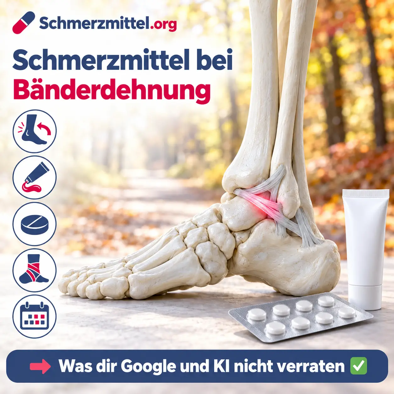Schmerzmittel bei Bänderdehnung, 3D-Modell eines Sprunggelenks von außen mit gedehntem, rot leuchtendem Außenband vor einem Waldweg, davor eine Medikamentenpackung, Icons zu Umknicken, Schmerzgel, Tabletten, Bandage und Heilungsdauer