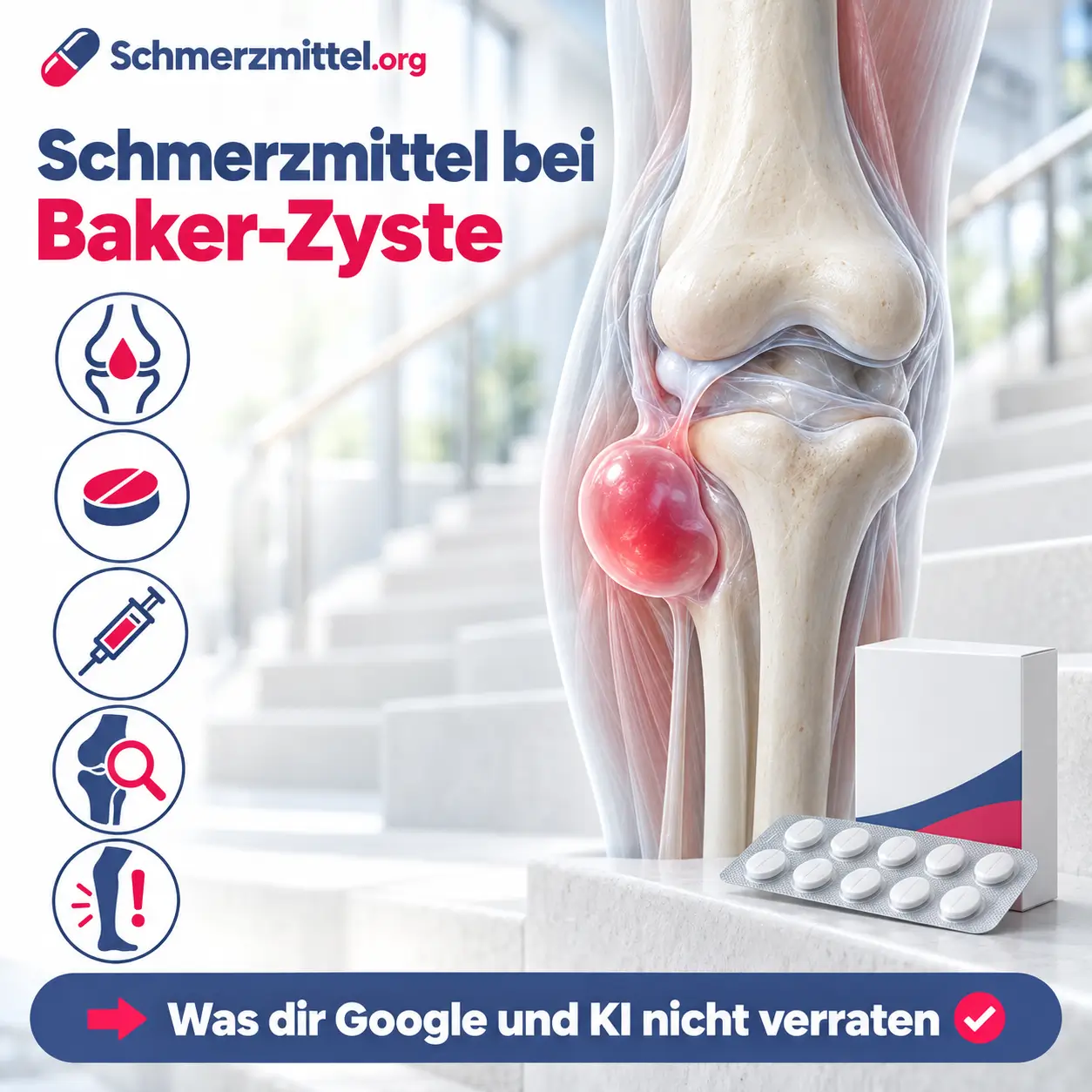 Schmerzmittel bei Baker-Zyste, 3D-Modell eines Kniegelenks von hinten mit rot leuchtender, flüssigkeitsgefüllter Zyste in der Kniekehle vor einem hellen Treppenhaus, davor eine Medikamentenpackung, Icons zu Gelenkflüssigkeit, Tabletten, Punktion, Ursachensuche und geplatzter Zyste