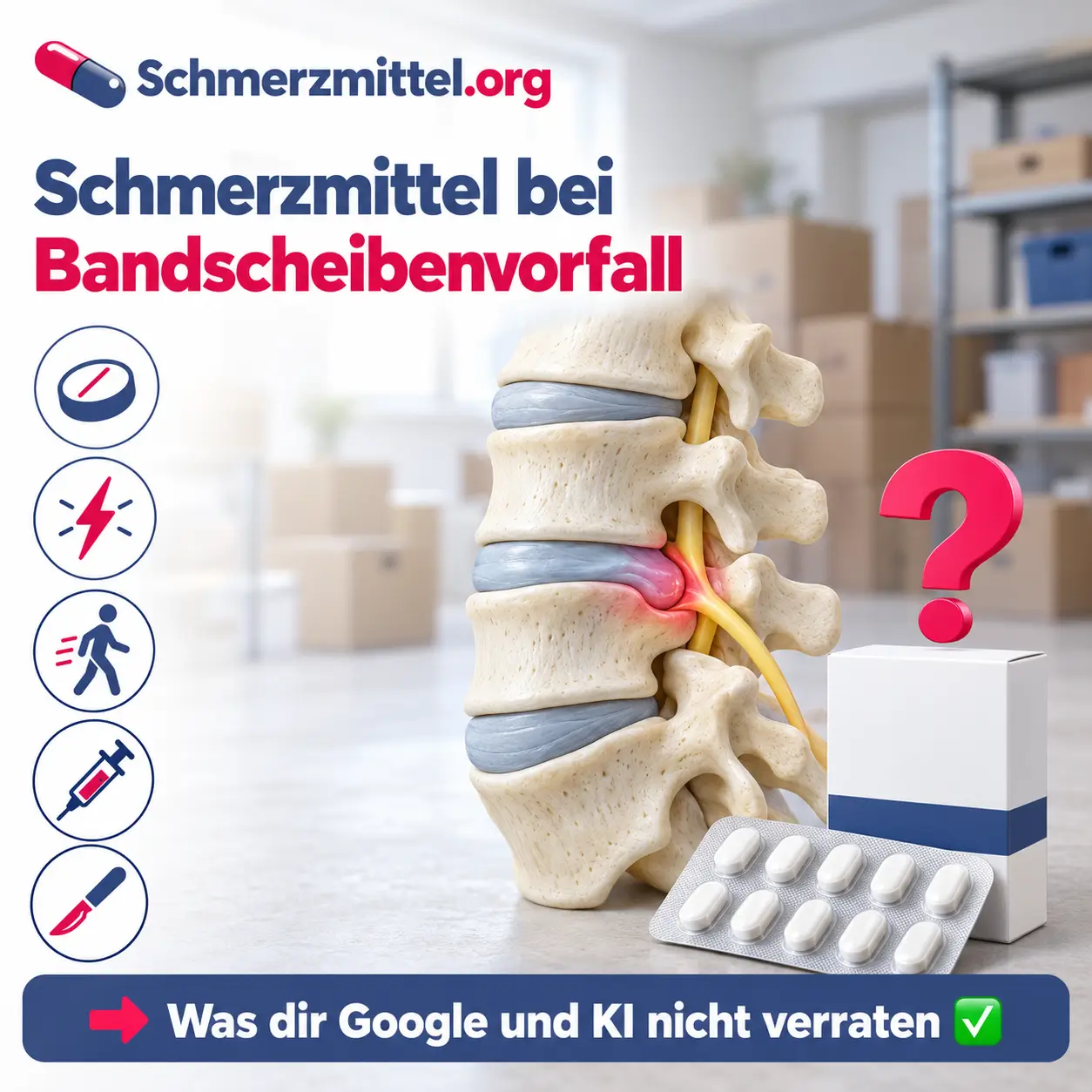 Schmerzmittel bei Bandscheibenvorfall, 3D-Modell der Lendenwirbelsäule mit vorgefallener Bandscheibe zwischen viertem und fünftem Lendenwirbel, die rot leuchtend auf eine Nervenwurzel drückt, vor einem Kellerraum mit Umzugskartons, davor eine neutrale Medikamentenpackung mit pinkem Fragezeichen