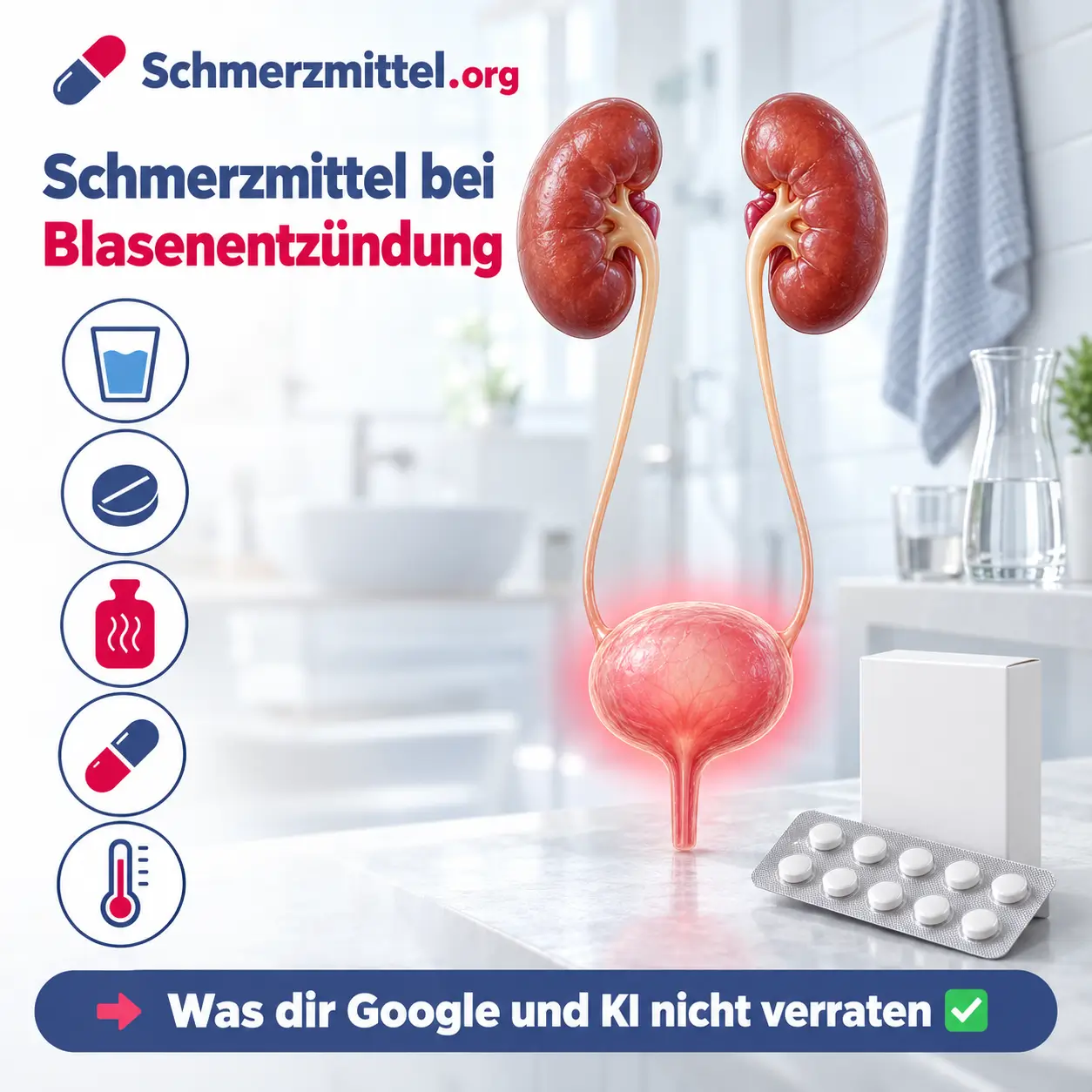 Schmerzmittel bei Blasenentzündung, 3D-Modell der Harnwege mit rot leuchtender Harnblase vor einem hellen Badezimmer, davor eine Medikamentenpackung, Icons zu Trinken, Tablette, Wärme, Antibiotikum und Fieber