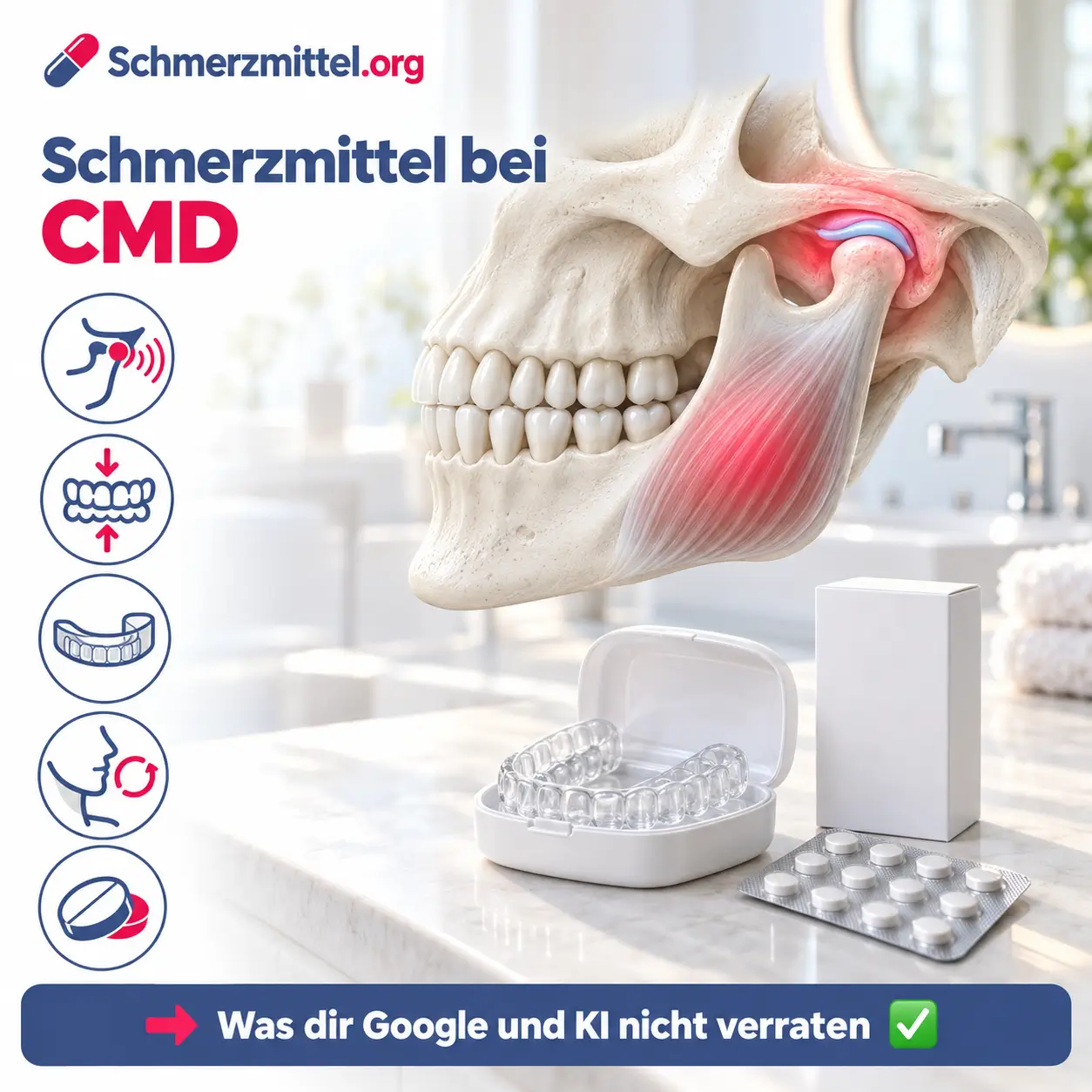 Schmerzmittel bei CMD, 3D-Modell von Unterkiefer, Kiefergelenk und Kaumuskel in Seitenansicht mit rot leuchtendem Gelenk und Muskel, davor eine Aufbissschiene in der Box und eine Medikamentenpackung, Icons zu Kieferknacken, Zähnepressen, Schiene, Massage und Tabletten