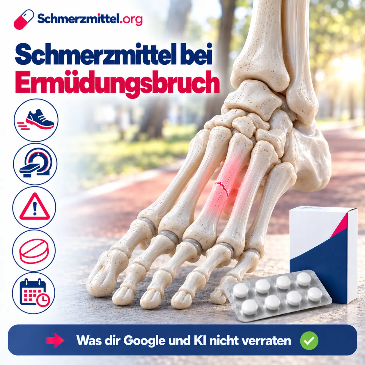 Schmerzmittel bei Ermüdungsbruch, 3D-Modell eines Fußskeletts mit rot leuchtendem Haarriss am zweiten Mittelfußknochen vor einem Laufweg im Park, davor eine Medikamentenpackung, Icons zu Laufschuh, MRT, Risikostellen, Schmerzmittel und Heilungsdauer