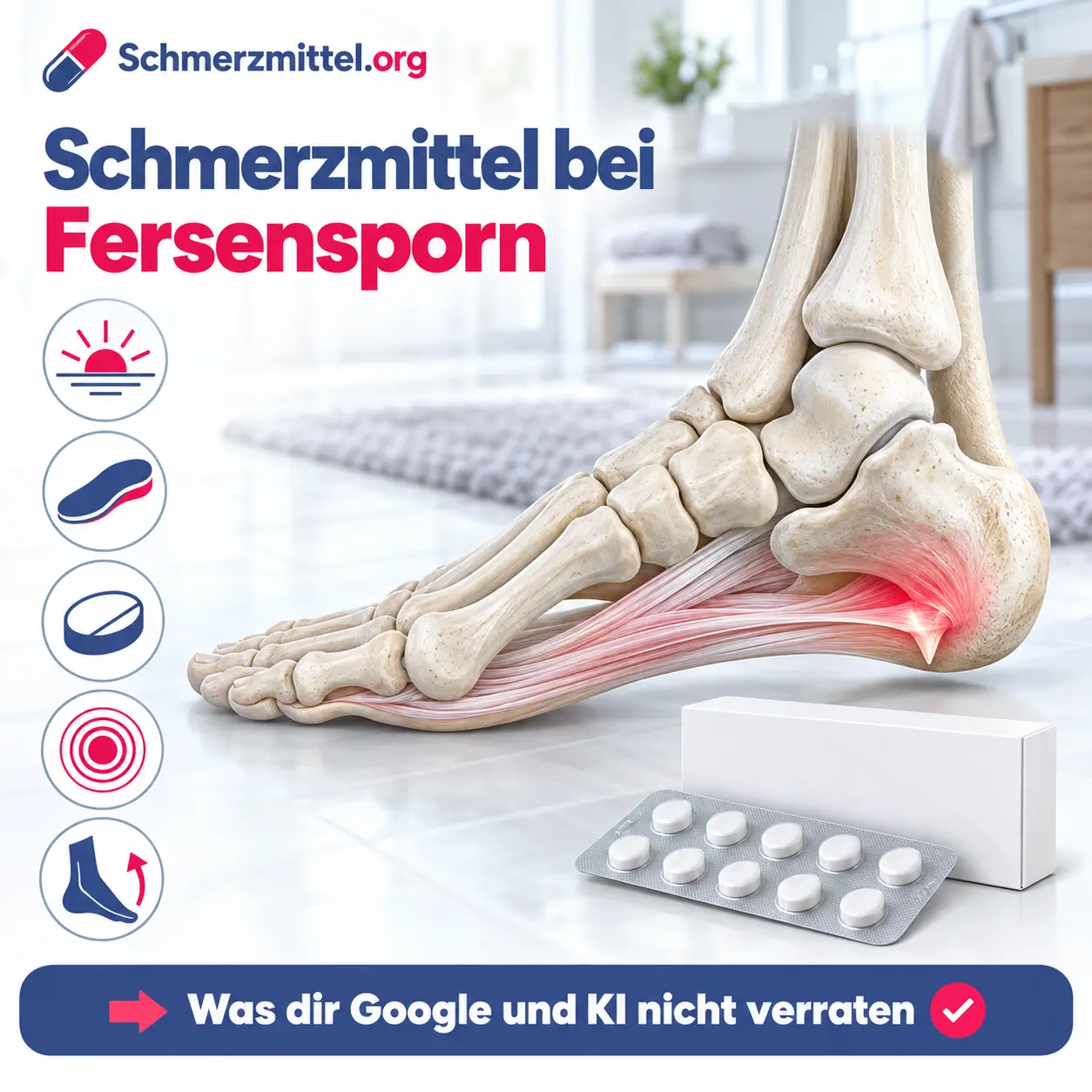 Schmerzmittel bei Fersensporn, 3D-Modell eines Fußes mit knöchernem Sporn am Fersenbein und rot leuchtendem Ansatz der Sehnenplatte vor einem Badezimmer, davor eine Medikamentenpackung, Icons zu Anlaufschmerz, Einlage, Tablette, Stoßwelle und Dehnübung