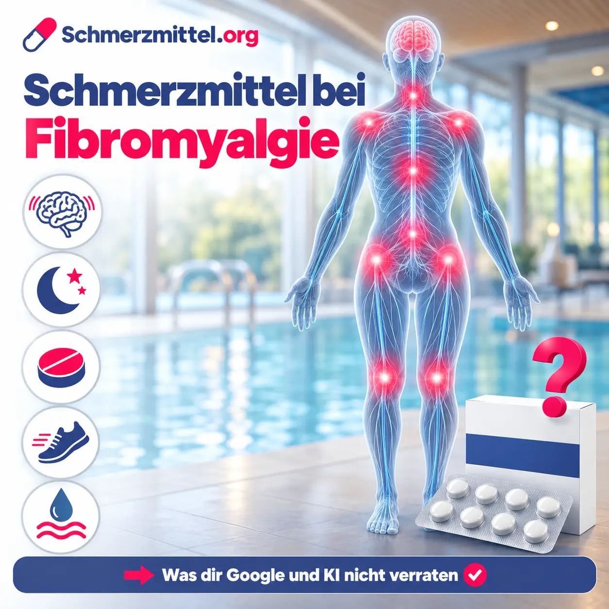 Schmerzmittel bei Fibromyalgie, 3D-Modell eines Körpers mit Nervensystem und rot leuchtenden Schmerzstellen an Nacken, Schultern, Rücken, Hüften und Knien vor einem Hallenbad, davor eine neutrale Medikamentenpackung mit pinkem Fragezeichen
