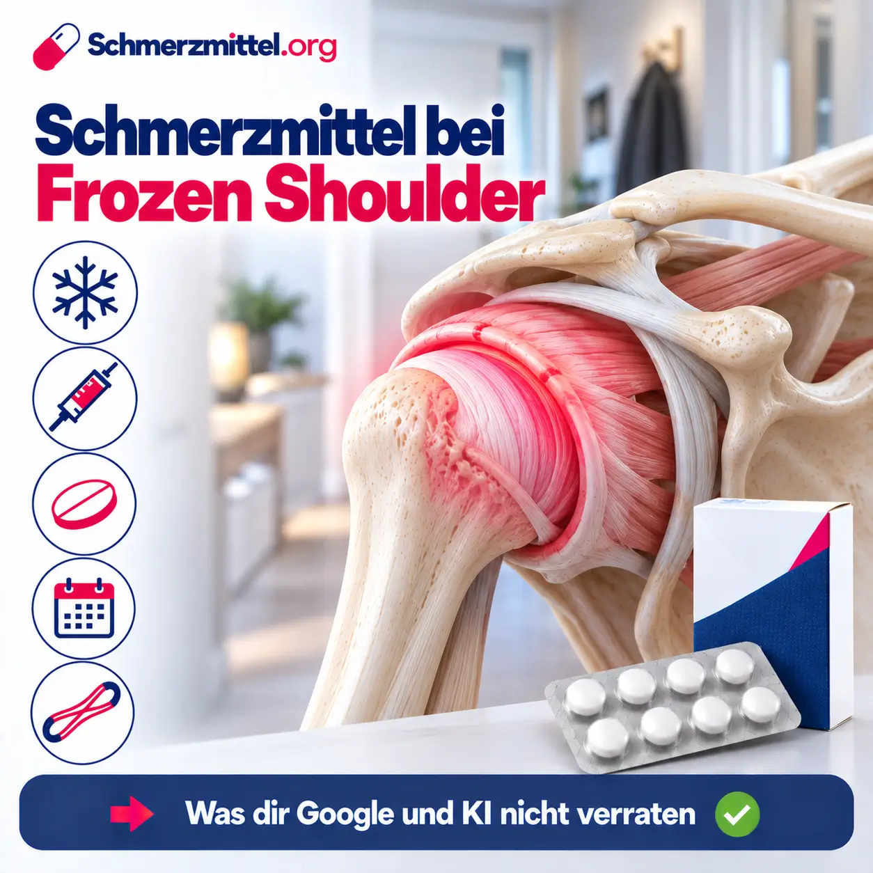 Schmerzmittel bei Frozen Shoulder, 3D-Modell einer Schulter mit verdickter, rot leuchtender Gelenkkapsel vor einem Hausflur mit Garderobe, davor eine Medikamentenpackung, Icons zu Schneeflocke, Kortisonspritze, Tablette, Kalender und Dehnband