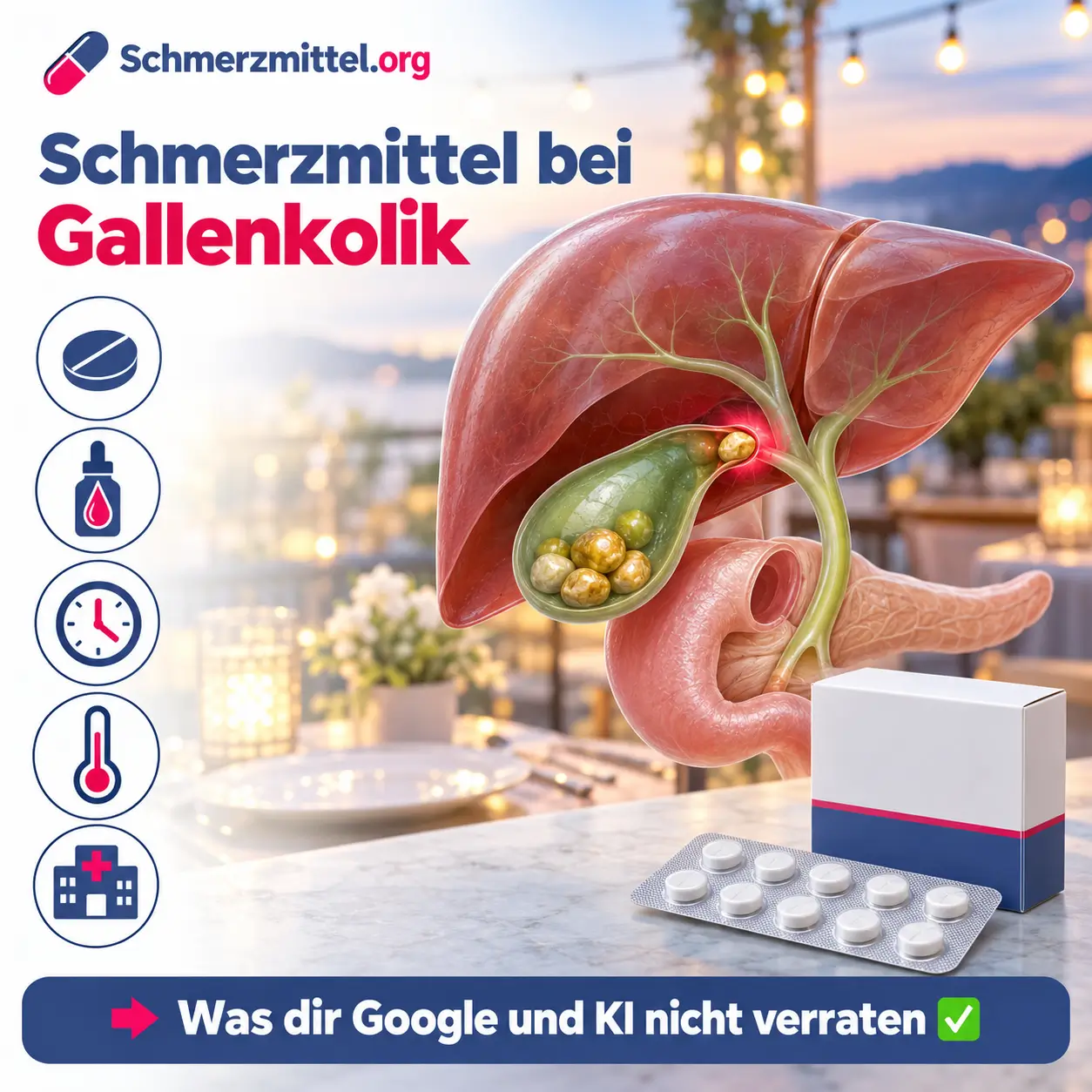 Schmerzmittel bei Gallenkolik, 3D-Modell von Leber und Gallenblase mit Gallensteinen und rot leuchtendem Stein im Gallenblasenhals vor einer abendlichen Restaurant-Terrasse, davor eine Medikamentenpackung, Icons zu Tablette, Tropfen, Dauer, Fieber und Operation