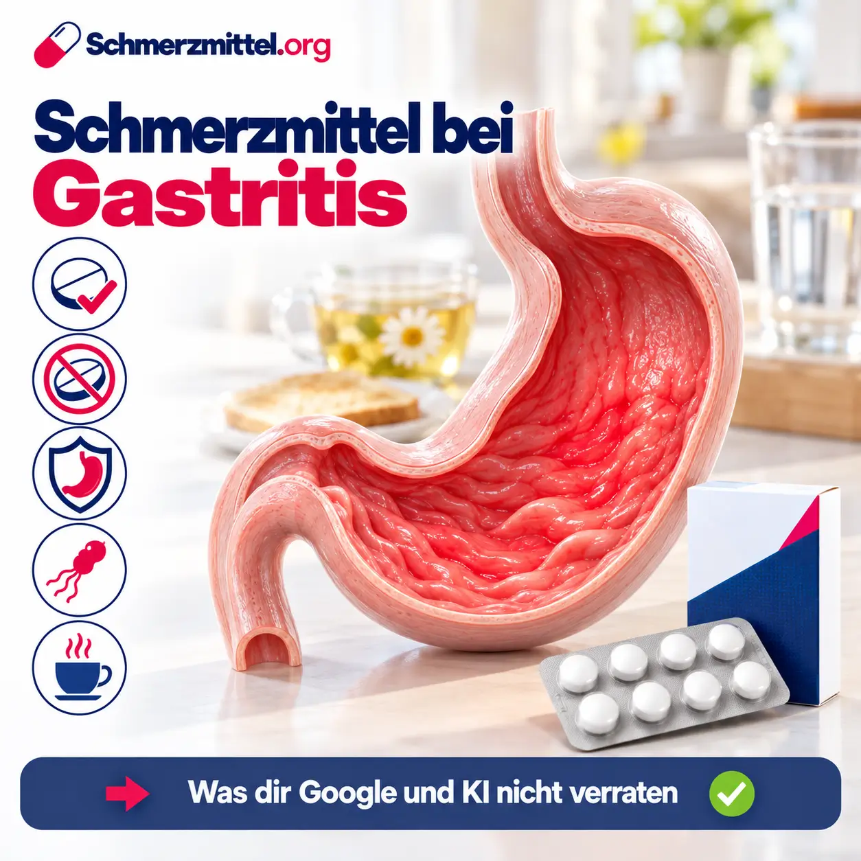 Schmerzmittel bei Gastritis, geöffnetes 3D-Modell des Magens mit rot leuchtender entzündeter Schleimhaut vor einem Frühstückstisch mit Kamillentee, davor eine Medikamentenpackung, Icons zu magenschonenden Schmerzmitteln, NSAR meiden, Magenschutz, Helicobacter und Schonung
