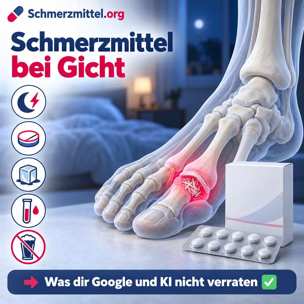 Schmerzmittel bei Gicht, 3D-Modell eines Fußes mit rot leuchtendem Großzehengrundgelenk und feinen Harnsäurekristallen vor einem nächtlichen Schlafzimmer, davor eine Medikamentenpackung, Icons zu nächtlichem Anfall, Entzündungshemmern, Kühlen, Harnsäurewert und Alkohol als Auslöser