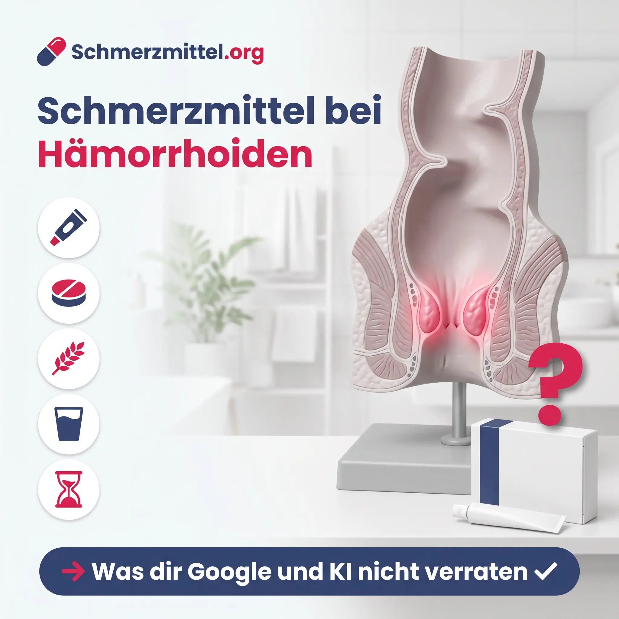 Schmerzmittel bei Hämorrhoiden, 3D-Längsschnitt durch Enddarm und Analkanal mit rot leuchtenden vergrößerten Gefäßpolstern, davor neutrale Medikamentenpackung und Salbentube mit pinkem Fragezeichen