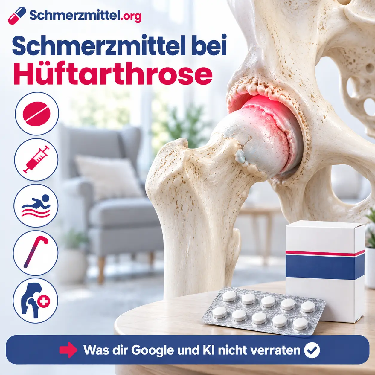 Schmerzmittel bei Hüftarthrose, 3D-Modell eines Hüftgelenks von vorne mit verschmälertem, rot leuchtendem Gelenkspalt zwischen Hüftkopf und Pfanne vor einem unscharfen Wohnzimmer mit Sessel, Medikamentenpackung auf dem Beistelltisch, Icons zu Tabletten, Kortisonspritze, Schwimmen, Gehstock und künstlichem Hüftgelenk