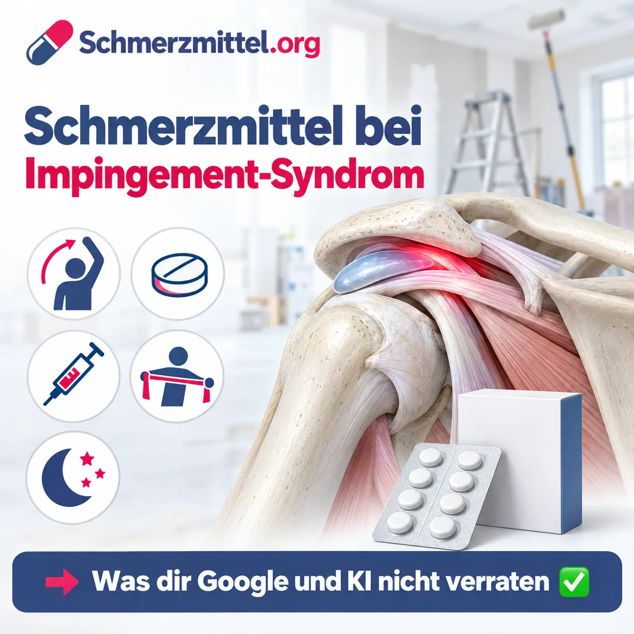 Schmerzmittel bei Impingement-Syndrom, 3D-Modell einer Schulter mit rot leuchtender Sehne unter dem Schulterdach vor einem Raum mit Leiter und Farbrolle, davor eine Medikamentenpackung, Icons zu schmerzhaftem Bogen, Tablette, Kortisonspritze, Übungsband und Operation