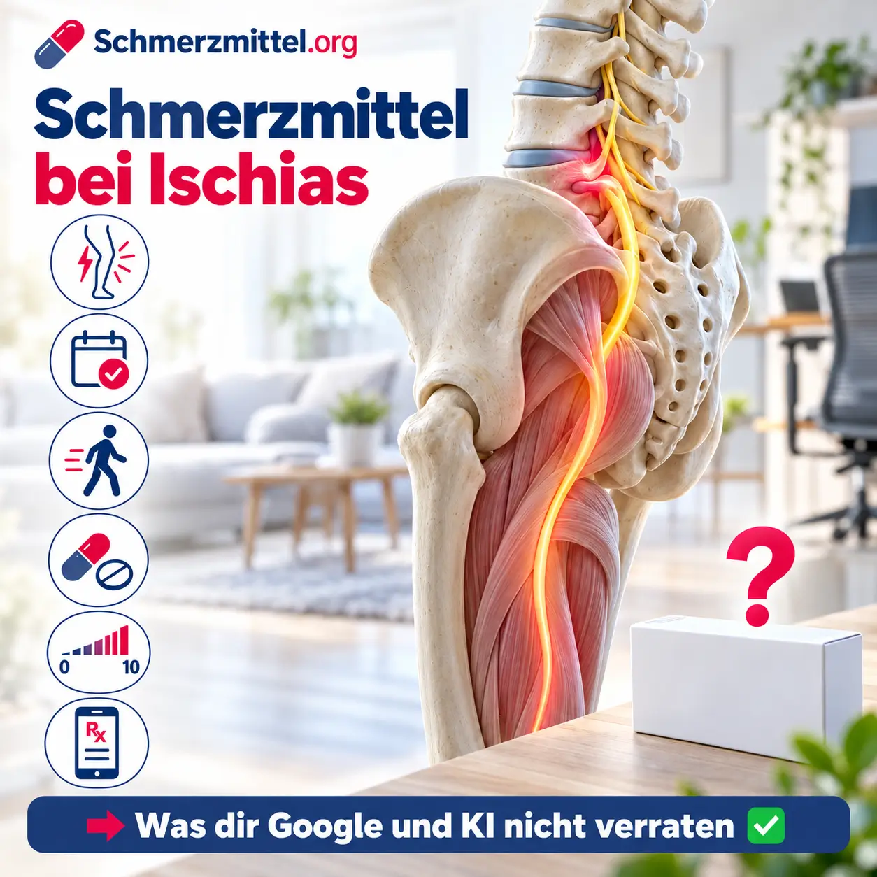 Schmerzmittel bei Ischias mit einem 3D-Modell der Lendenwirbelsäule, einer Bandscheibe, die auf die Nervenwurzel drückt, dem markierten Ischiasnerv bis zum Knie und einer neutralen Medikamentenpackung mit Fragezeichen