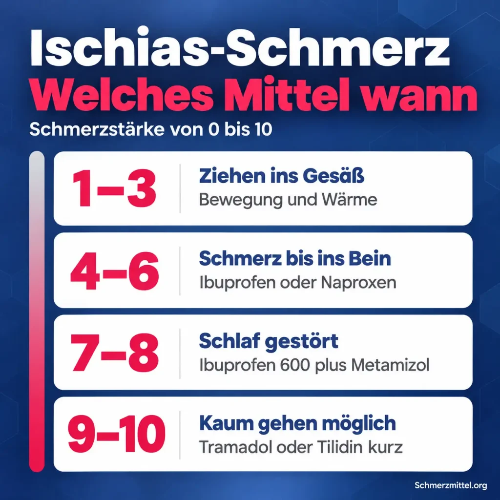 Schmerzmittel bei Ischias nach Schmerzstärke mit Bewegung und Wärme bei 1 bis 3, Ibuprofen oder Naproxen bei 4 bis 6, Ibuprofen 600 plus Metamizol bei 7 bis 8 und Tramadol oder Tilidin kurz bei 9 bis 10