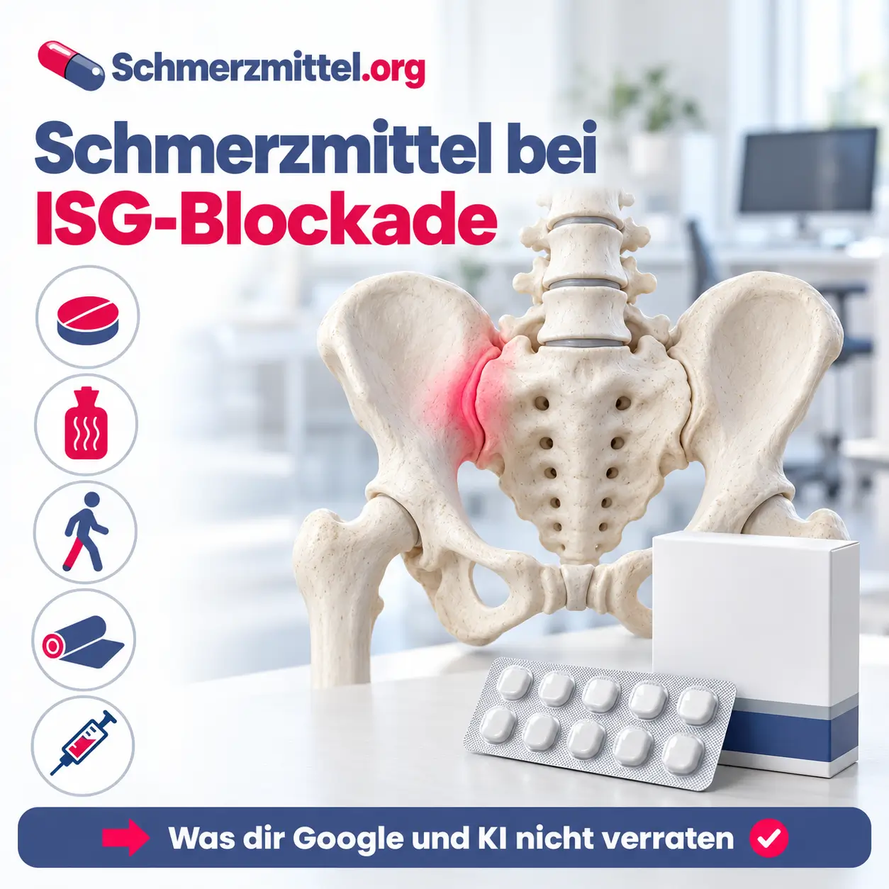 Schmerzmittel bei ISG-Blockade, 3D-Modell des Beckens von hinten mit rot leuchtendem linken Iliosakralgelenk zwischen Kreuzbein und Darmbein vor einem Büro, davor eine Medikamentenpackung, Icons zu Tablette, Wärme, Bewegung, Übungen und Spritze