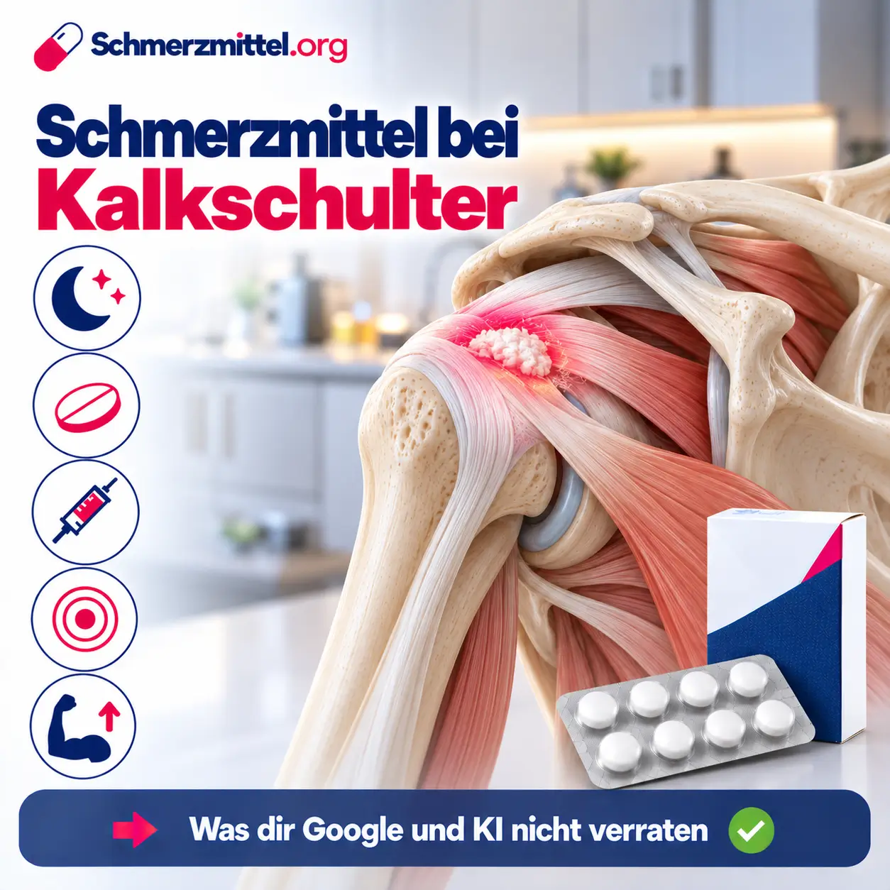 Schmerzmittel bei Kalkschulter, 3D-Modell einer Schulter mit weißem, rot umleuchtetem Kalkdepot in der Sehne unter dem Schulterdach vor einer Küche, davor eine Medikamentenpackung, Icons zu Nachtschmerz, Tablette, Kortisonspritze, Stoßwelle und Beweglichkeit
