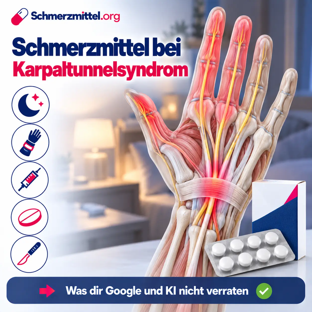 Schmerzmittel bei Karpaltunnelsyndrom, 3D-Modell einer Hand mit rot leuchtendem Mittelnerv im Karpaltunnel bis in Daumen, Zeige- und Mittelfinger vor einem abendlichen Schlafzimmer, davor eine Medikamentenpackung, Icons zu Nacht, Schiene, Spritze, Tablette und Operation