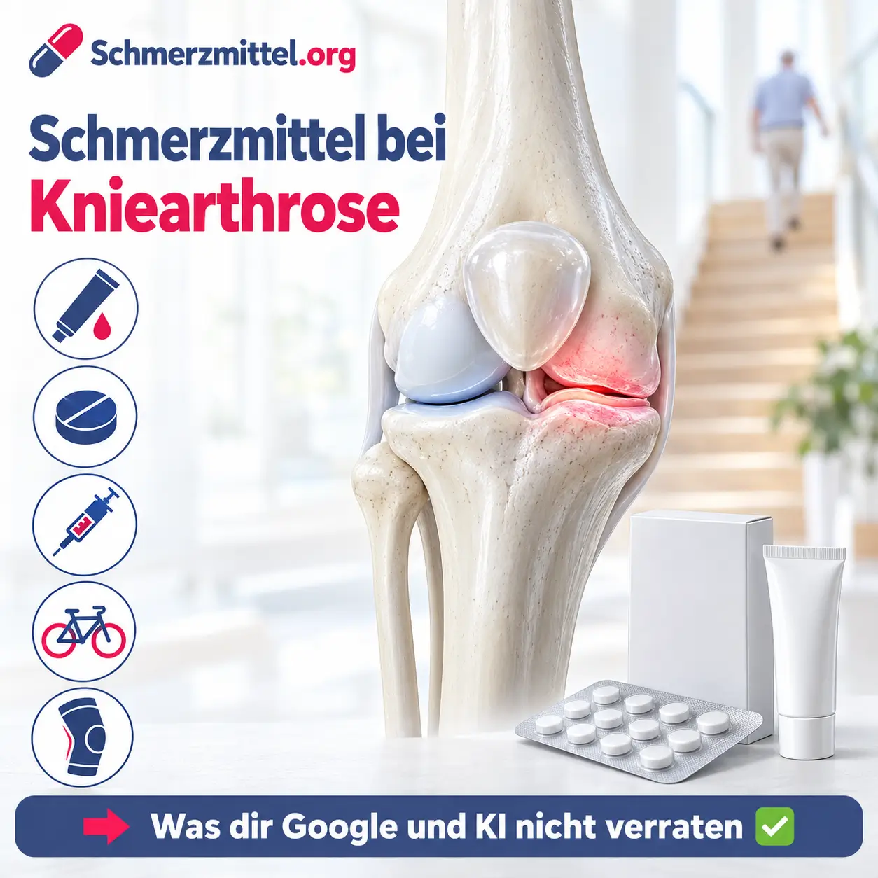 Schmerzmittel bei Kniearthrose, 3D-Modell eines Kniegelenks von vorne mit verschmälertem, rot leuchtendem Gelenkspalt an der Innenseite, davor Schmerzgel und Medikamentenpackung, Icons zu Schmerzgel, Tabletten, Kortisonspritze, Radfahren und Kniebandage