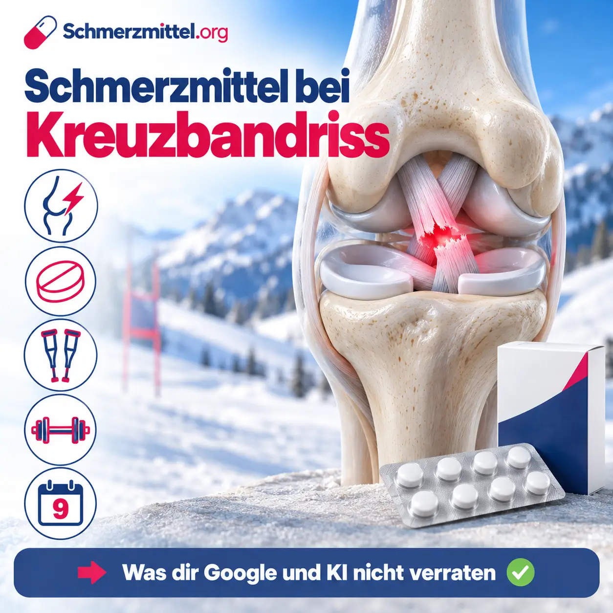 Schmerzmittel bei Kreuzbandriss, 3D-Modell eines Kniegelenks von vorne mit gerissenem, rot leuchtendem vorderem Kreuzband vor einer Skipiste, davor eine Medikamentenpackung, Icons zu Unfall, Tabletten, Krücken, Reha-Training und Sportpause