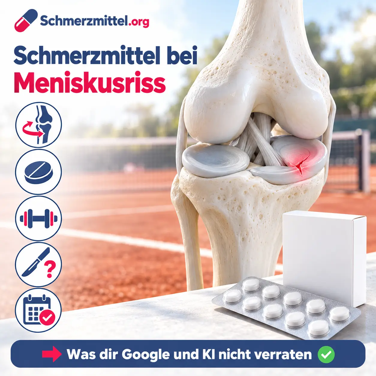Schmerzmittel bei Meniskusriss, 3D-Modell eines Kniegelenks mit eingerissenem, rot leuchtendem Innenmeniskus vor einem Tennisplatz, davor eine Medikamentenpackung, Icons zu Verdrehen, Tabletten, Krafttraining, OP und Heilungsdauer