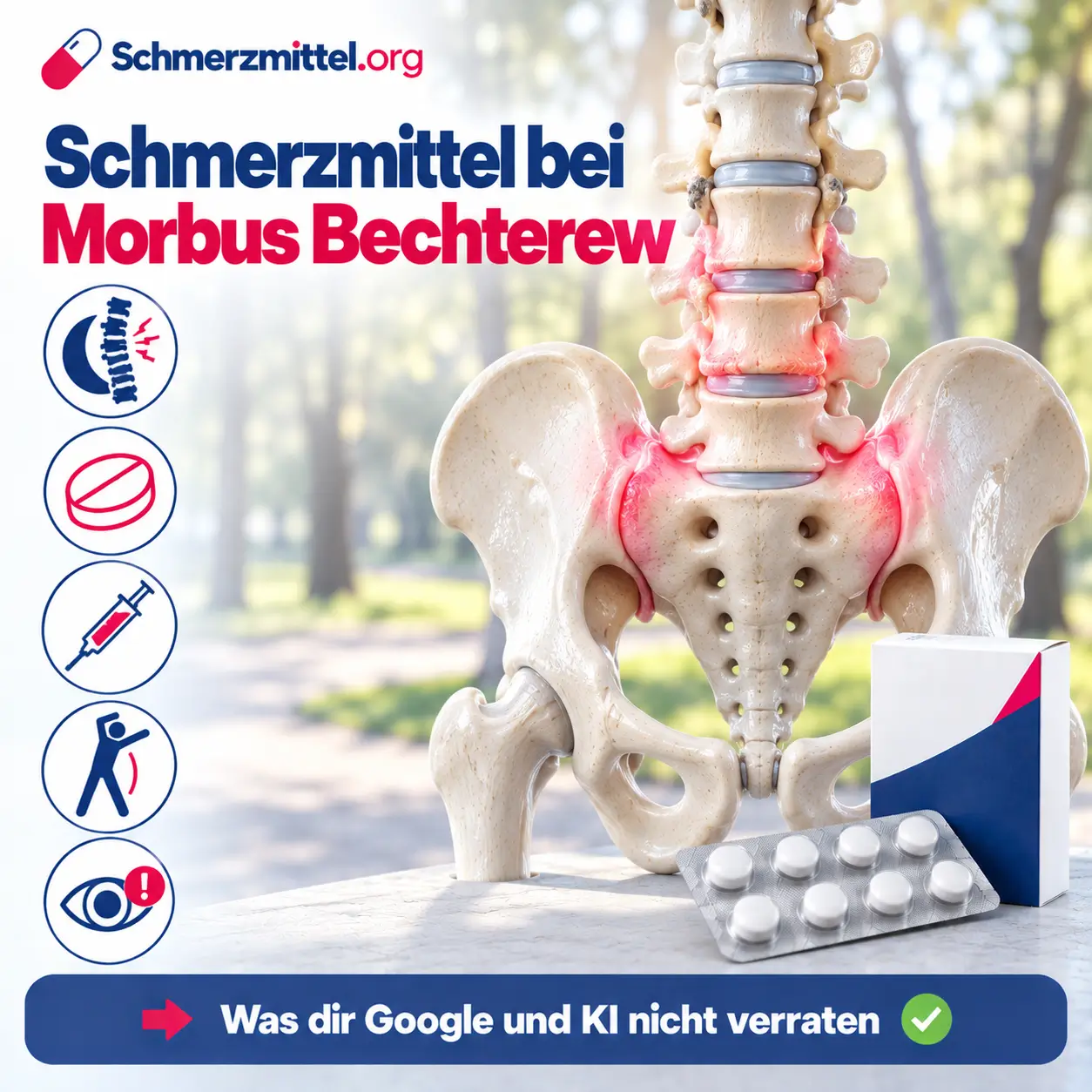 Schmerzmittel bei Morbus Bechterew, 3D-Modell von Lendenwirbelsäule und Becken von hinten mit rot leuchtenden Kreuz-Darmbein-Gelenken und Knochenbrücken zwischen den Wirbeln vor einem Park am Morgen, davor eine Medikamentenpackung, Icons zu Nachtschmerz, NSAR, Biologikum, Gymnastik und Augenentzündung