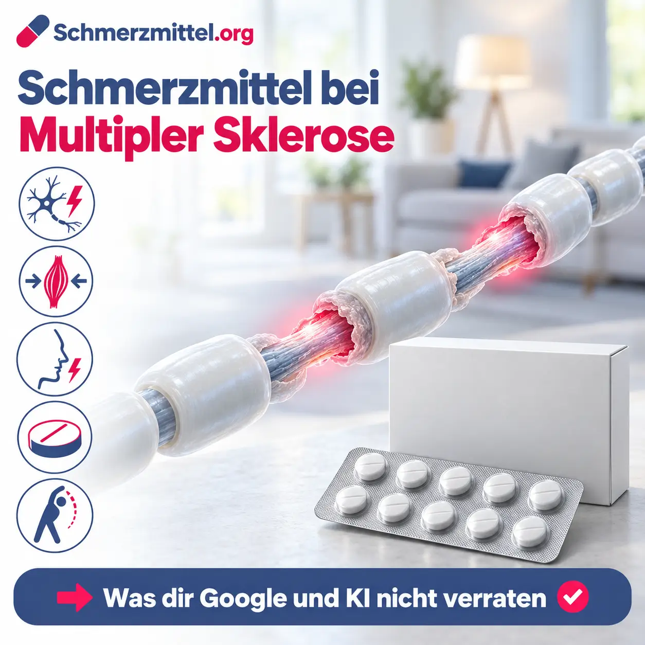 Schmerzmittel bei Multipler Sklerose, 3D-Modell einer Nervenfaser mit lückenhafter Isolierschicht und rot leuchtenden Schadstellen vor einem Wohnzimmer, davor eine Medikamentenpackung, Icons zu Nervenschmerz, Spastik, Gesichtsschmerz, Tablette und Physiotherapie