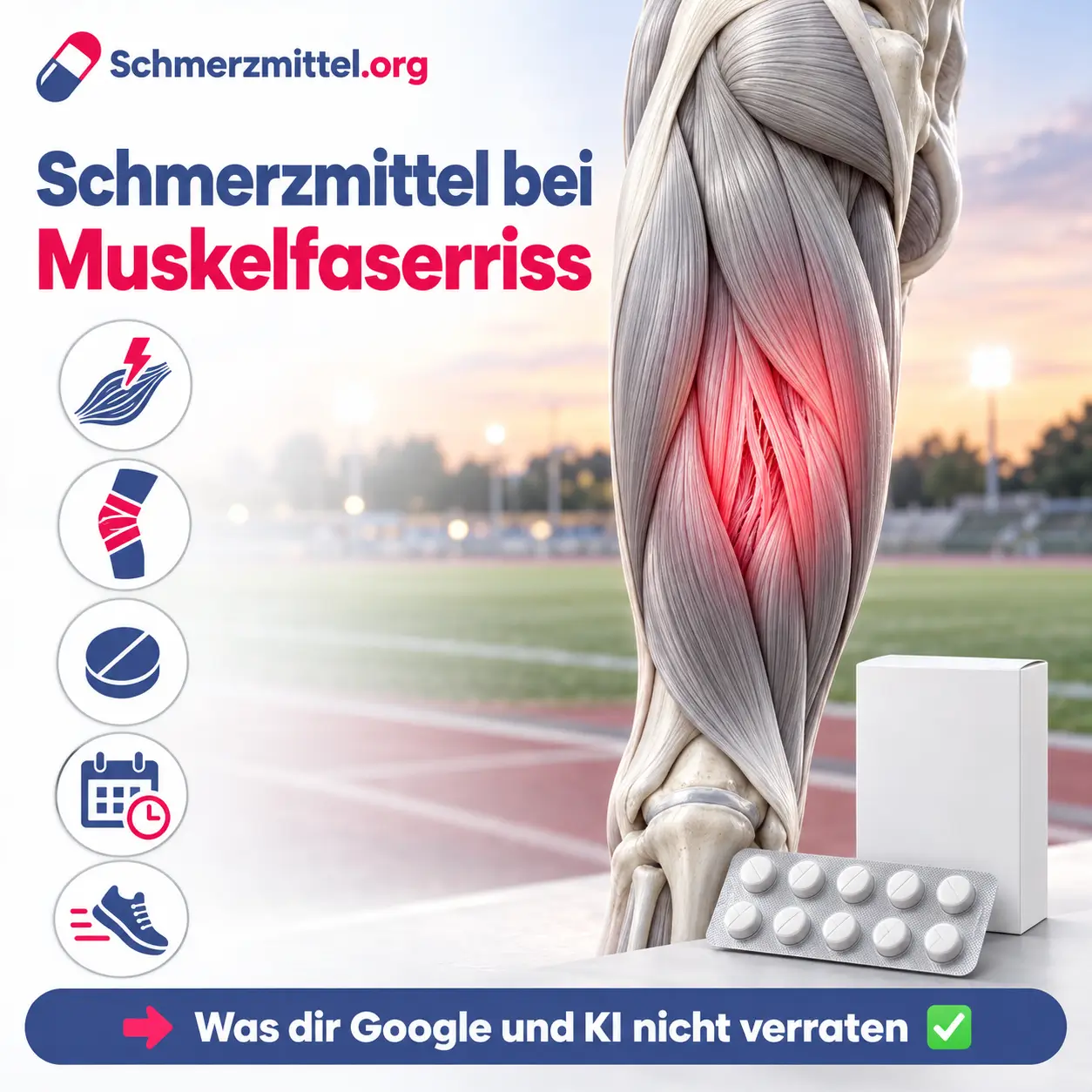 Schmerzmittel bei Muskelfaserriss, 3D-Modell der hinteren Oberschenkelmuskulatur mit rot leuchtenden auseinandergewichenen Muskelfasern vor einem Sportplatz, davor eine Medikamentenpackung, Icons zu plötzlichem Stich, Kompression, Schmerzmittel, Heilungsdauer und Rückkehr zum Sport