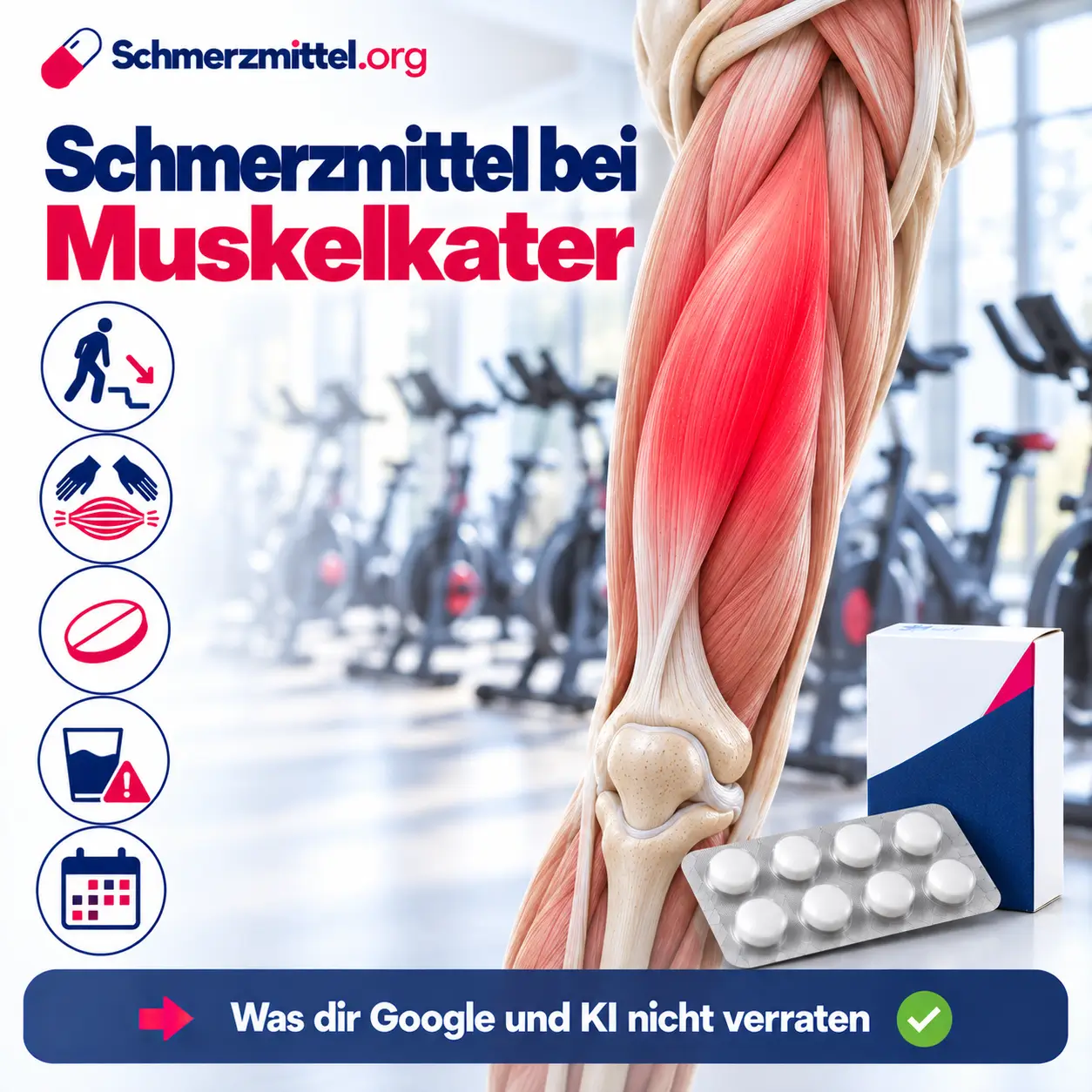 Schmerzmittel bei Muskelkater, 3D-Modell der vorderen Oberschenkelmuskulatur mit flächig rot leuchtenden Muskelfasern vor einem Indoor-Cycling-Studio, davor eine Medikamentenpackung, Icons zu Treppe, Massage, Schmerzmittel, dunklem Urin und Dauer