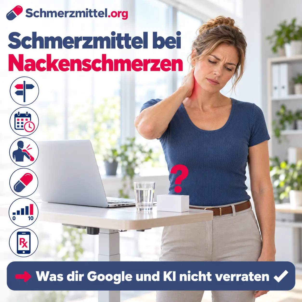 Schmerzmittel bei Nackenschmerzen mit einer Frau am Stehschreibtisch, die die Hand auf den schmerzenden Nacken legt, daneben eine neutrale Medikamentenpackung mit Fragezeichen und Icons zu Ursachen, Dauer, Armschmerz, Tabletten, Schmerzskala und Online Rezept