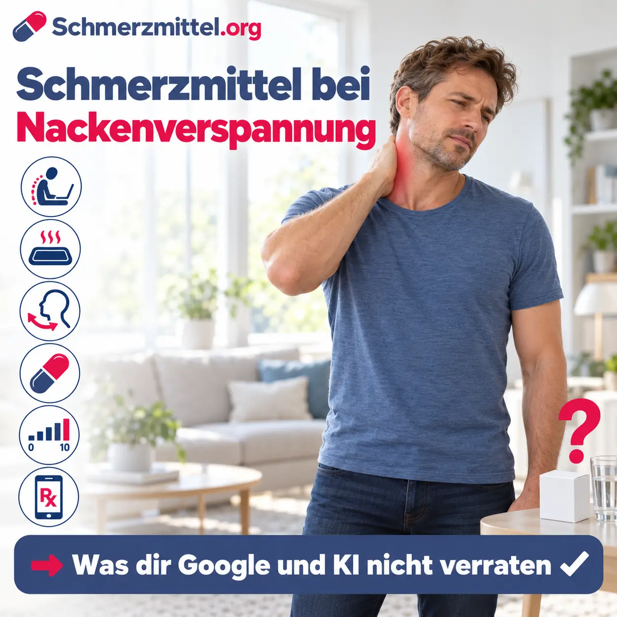 Schmerzmittel bei Nackenverspannung mit einem Mann im hellen Wohnzimmer, der die Hand auf den verspannten Nacken legt, daneben eine neutrale Medikamentenpackung mit Fragezeichen und Icons zu Bildschirmhaltung, Wärme, Übungen, Tabletten, Schmerzskala und Online Rezept