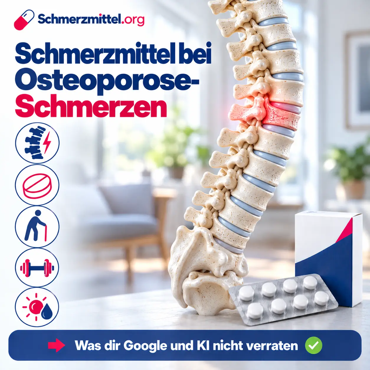 Schmerzmittel bei Osteoporose-Schmerzen, 3D-Modell der Brust- und Lendenwirbelsäule mit porösen Wirbeln und einem rot leuchtenden keilförmig eingesunkenen Wirbel vor einem hellen Wohnzimmer, davor eine Medikamentenpackung, Icons zu Wirbelbruch, Schmerzmittel, Sturzschutz, Krafttraining und Vitamin D