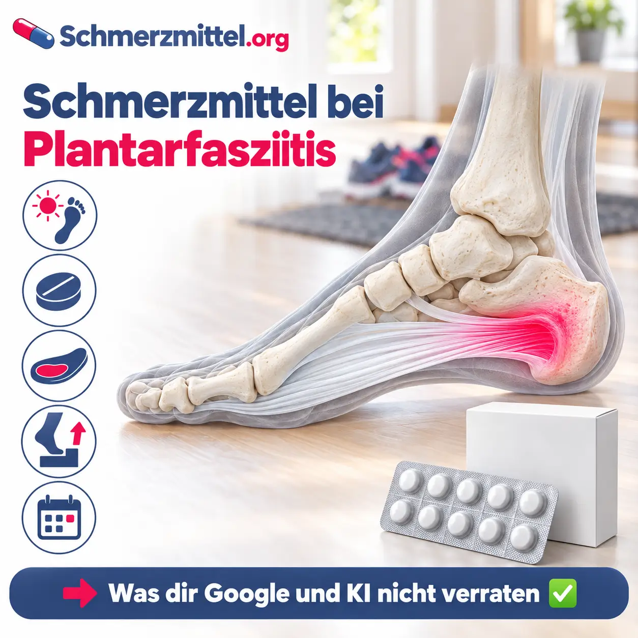 Schmerzmittel bei Plantarfasziitis, halbtransparentes 3D-Modell eines Fußes mit rot leuchtendem Ansatz der Plantarfaszie am Fersenbein vor einem Eingangsbereich mit Laufschuhen, davor eine Medikamentenpackung, Icons zu Anlaufschmerz, Tablette, Fersenkissen, Wadenheben und Heilungsdauer