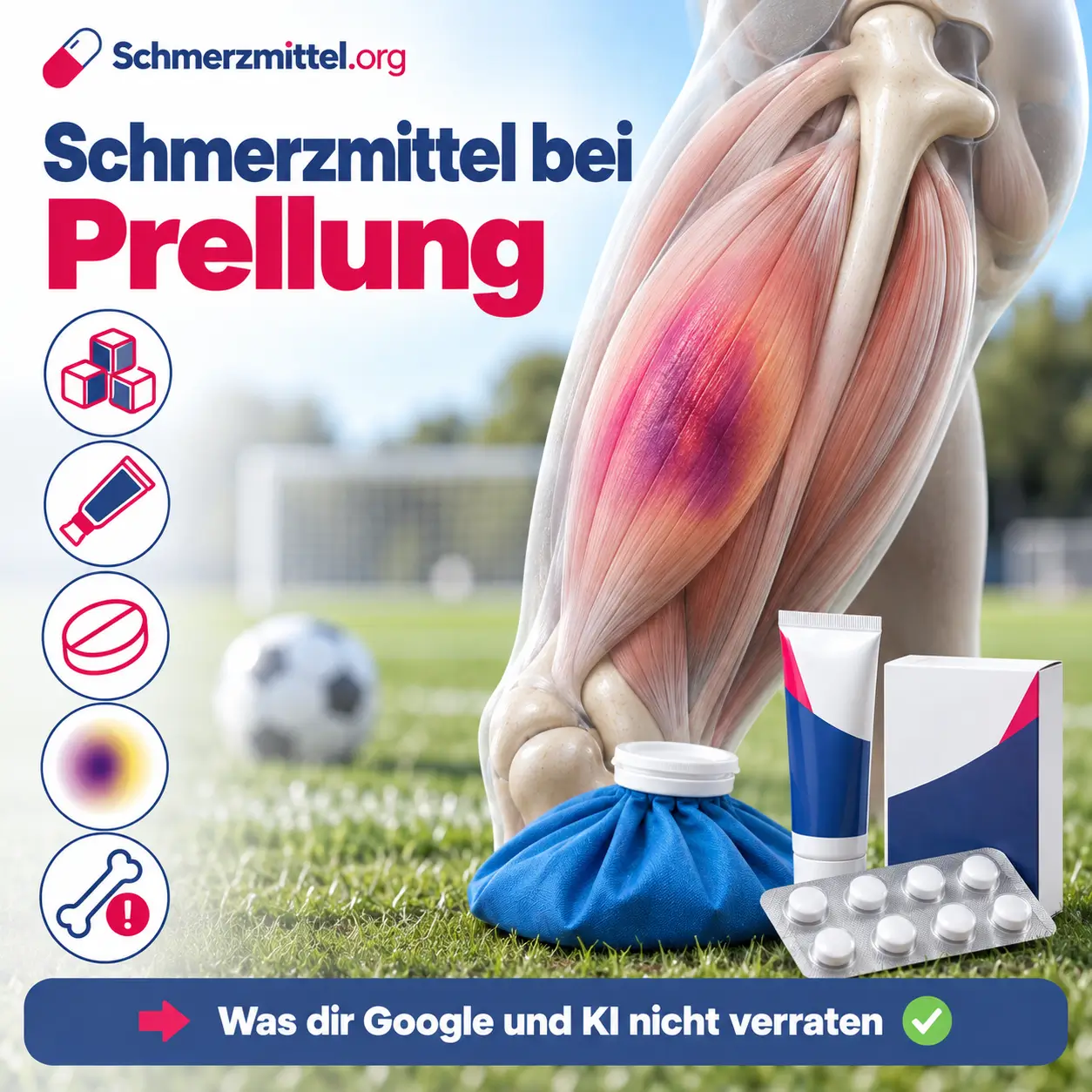 Schmerzmittel bei Prellung, 3D-Modell eines Oberschenkels mit rot leuchtendem Bluterguss im Muskel auf einem Rasenplatz, davor Medikamentenpackung, Schmerzgel und Kühlpack, Icons zu Kühlen, Gel, Tabletten, Bluterguss und Bruch