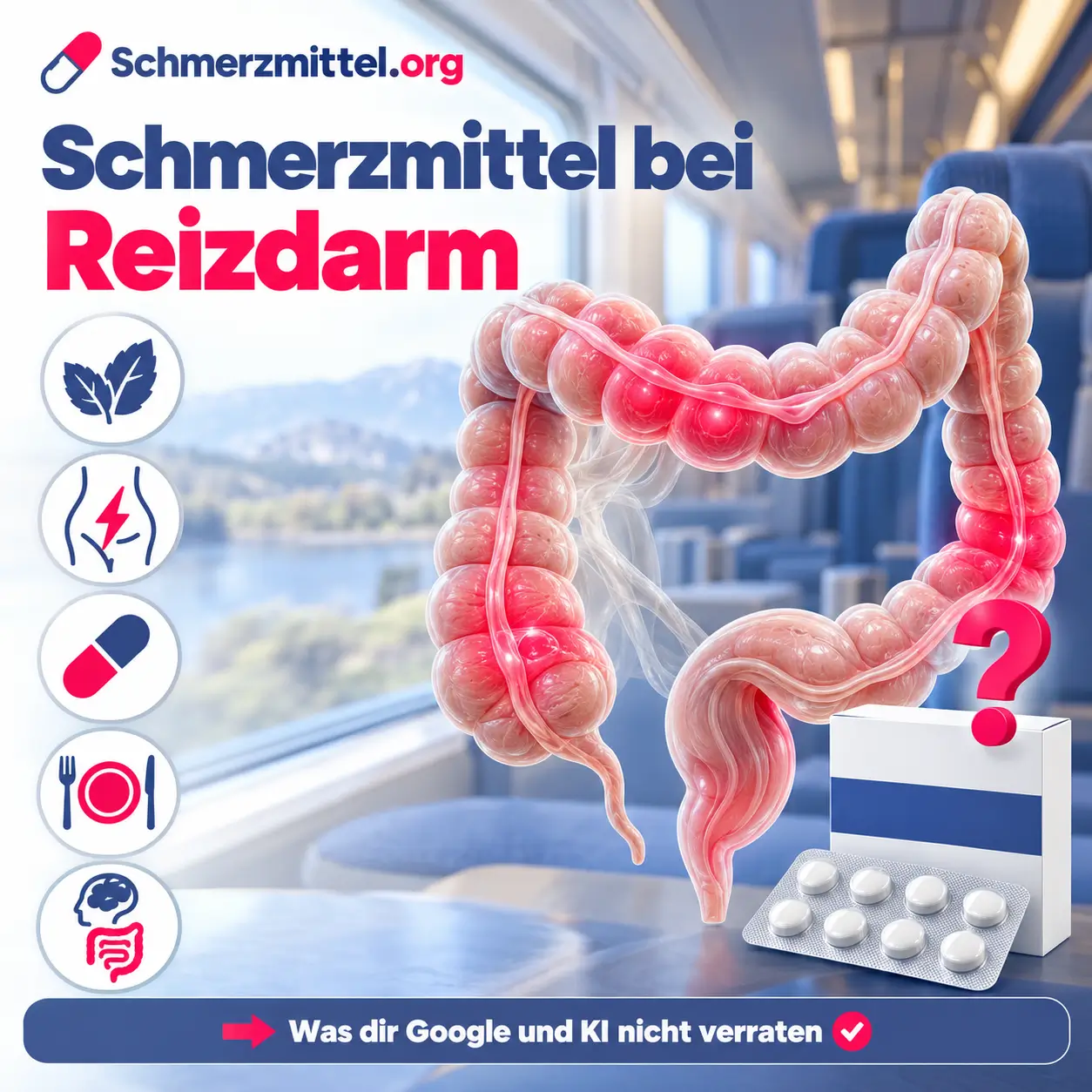Schmerzmittel bei Reizdarm, 3D-Modell des Dickdarms mit rot leuchtenden verkrampften Abschnitten vor einem Zugabteil, davor eine neutrale Medikamentenpackung mit pinkem Fragezeichen
