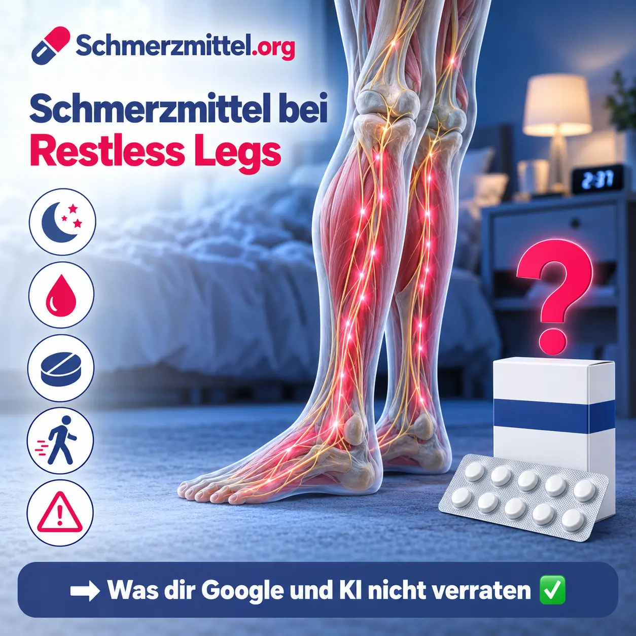 Schmerzmittel bei Restless Legs, 3D-Modell beider Unterschenkel mit rot flimmernden Nervenbahnen in den Waden vor einem nächtlichen Schlafzimmer, davor eine neutrale Medikamentenpackung mit pinkem Fragezeichen, Icons zu Nacht, Eisen, Tablette, Bewegung und Augmentation
