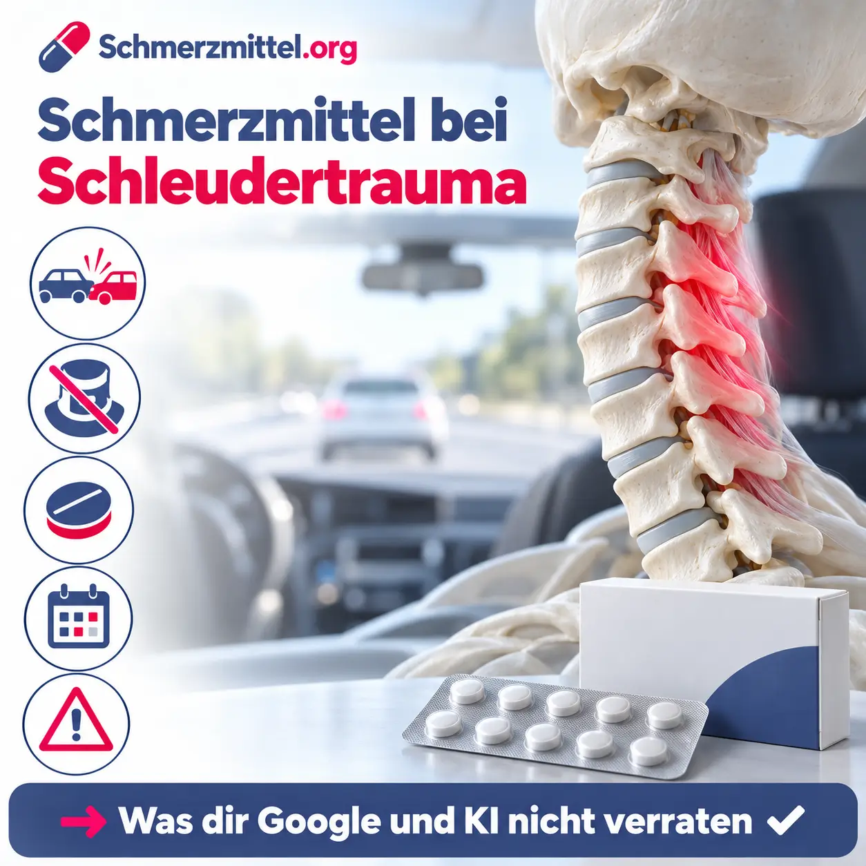 Schmerzmittel bei Schleudertrauma, 3D-Modell der Halswirbelsäule von der Seite mit rot leuchtendem Bereich um die mittleren Halswirbel vor einem unscharfen Autoinnenraum, davor eine Medikamentenpackung, Icons zu Auffahrunfall, durchgestrichener Halskrause, Schmerzmittel, Heilungsdauer und Warnzeichen