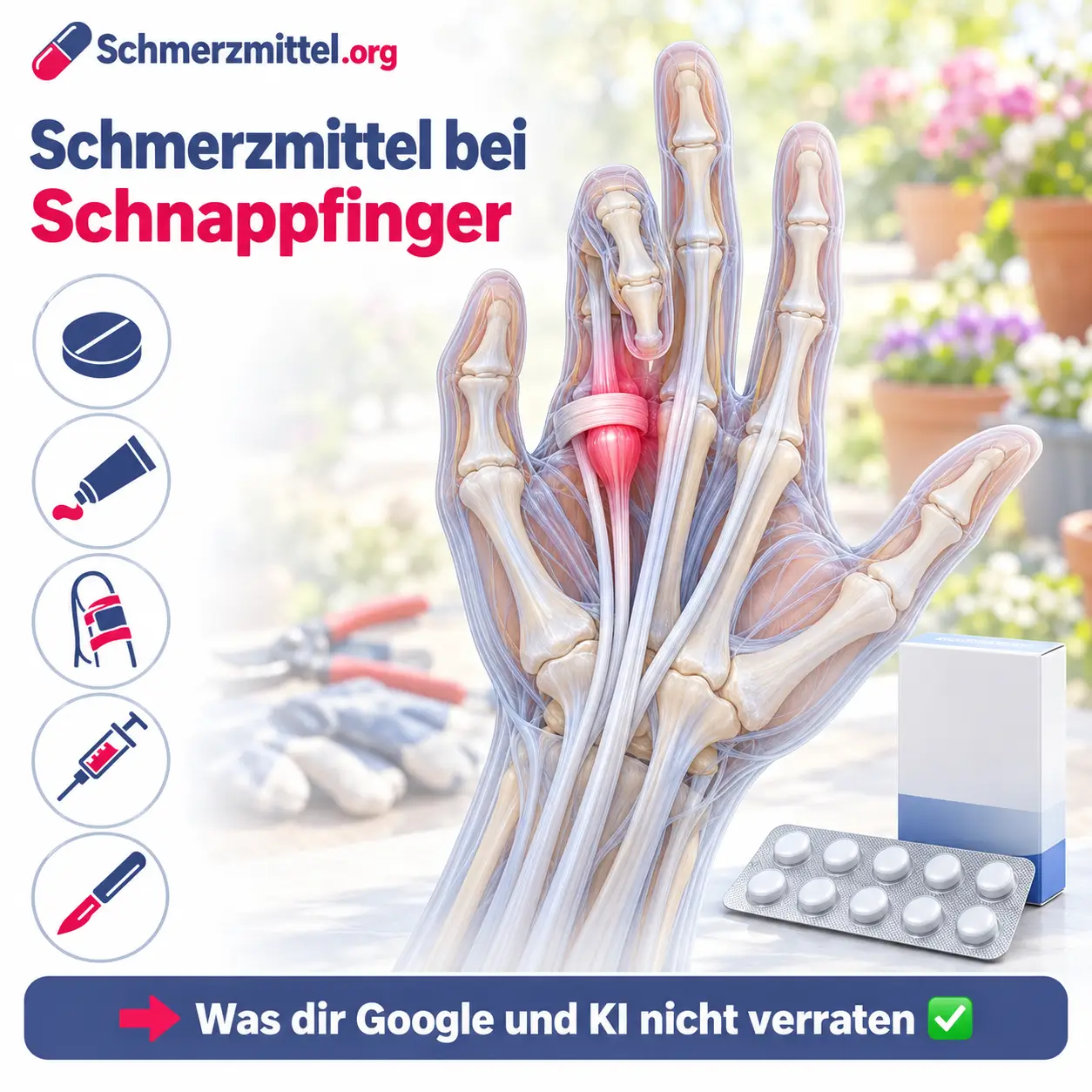 Schmerzmittel bei Schnappfinger, 3D-Modell der Handinnenfläche mit rot leuchtender verdickter Beugesehne am Ringband des Ringfingers vor einem Gartentisch, davor eine Medikamentenpackung, Icons zu Tablette, Gel, Schiene, Spritze und Operation