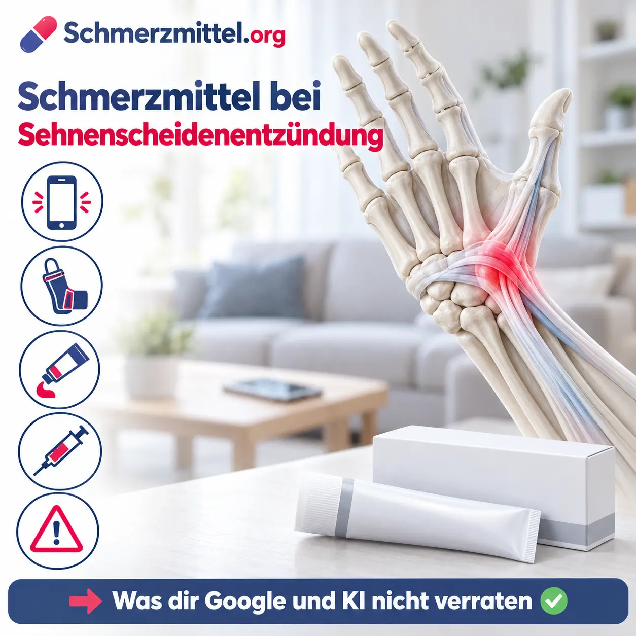 Schmerzmittel bei Sehnenscheidenentzündung, 3D-Modell von Hand und Handgelenk mit rot leuchtender Sehnenscheide an der Daumenseite vor einem Wohnzimmer, davor eine Medikamentenpackung, Icons zu Smartphone, Daumenschiene, Schmerzgel, Kortisonspritze und Notfall