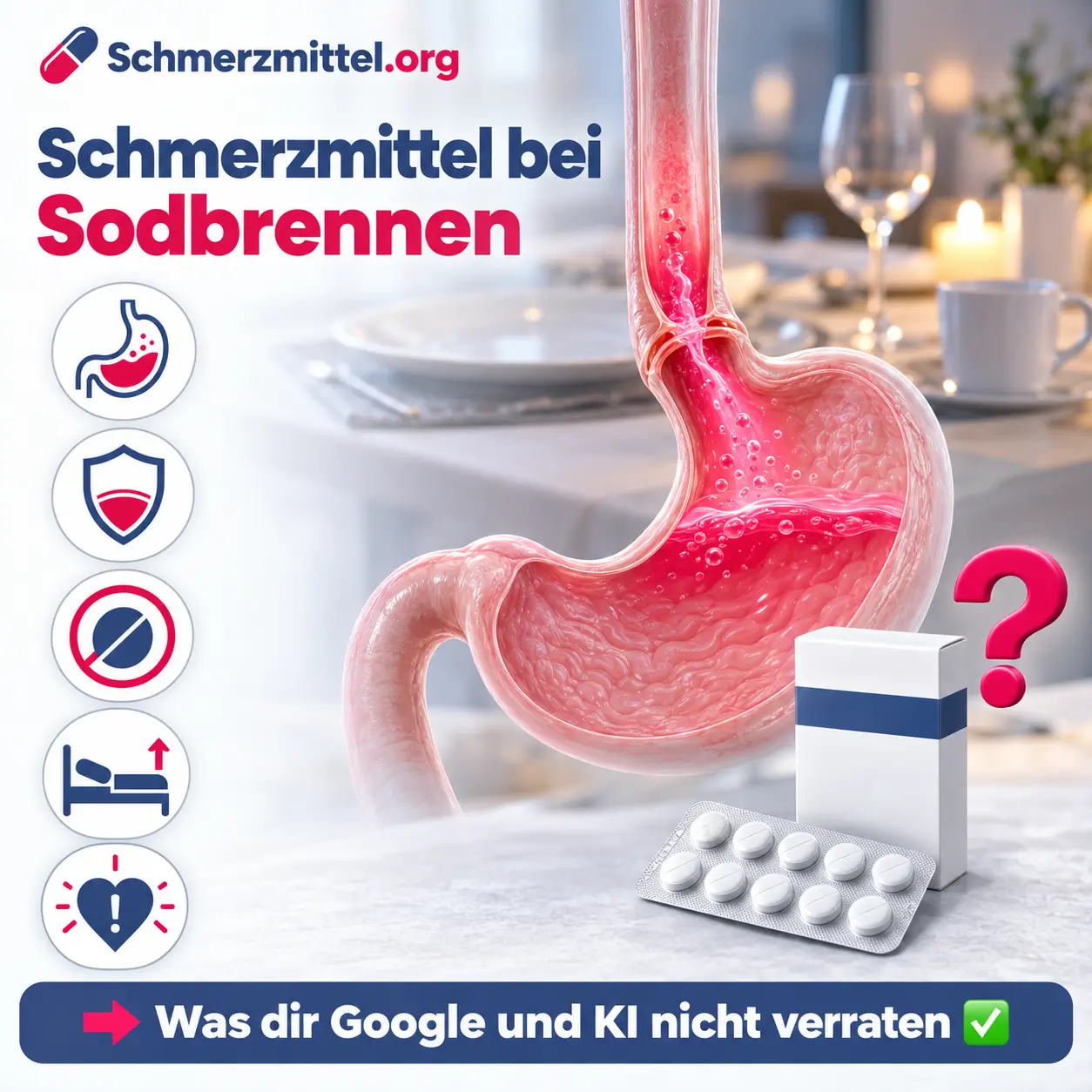 Schmerzmittel bei Sodbrennen, 3D-Modell von Magen und Speiseröhre mit rot leuchtender aufsteigender Magensäure vor einem Esstisch am Abend, davor eine neutrale Medikamentenpackung mit pinkem Fragezeichen