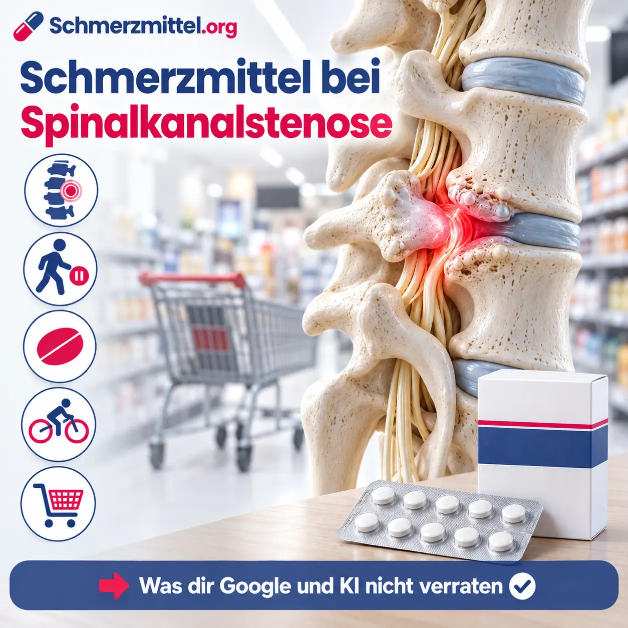 Schmerzmittel bei Spinalkanalstenose, 3D-Modell der Lendenwirbelsäule mit verengtem Wirbelkanal und rot leuchtenden eingeengten Nervenfasern vor einem unscharfen Supermarktgang mit Einkaufswagen, Medikamentenpackung, Icons zu Engstelle, Gehstrecke, Tabletten, Radfahren und Einkaufswagen